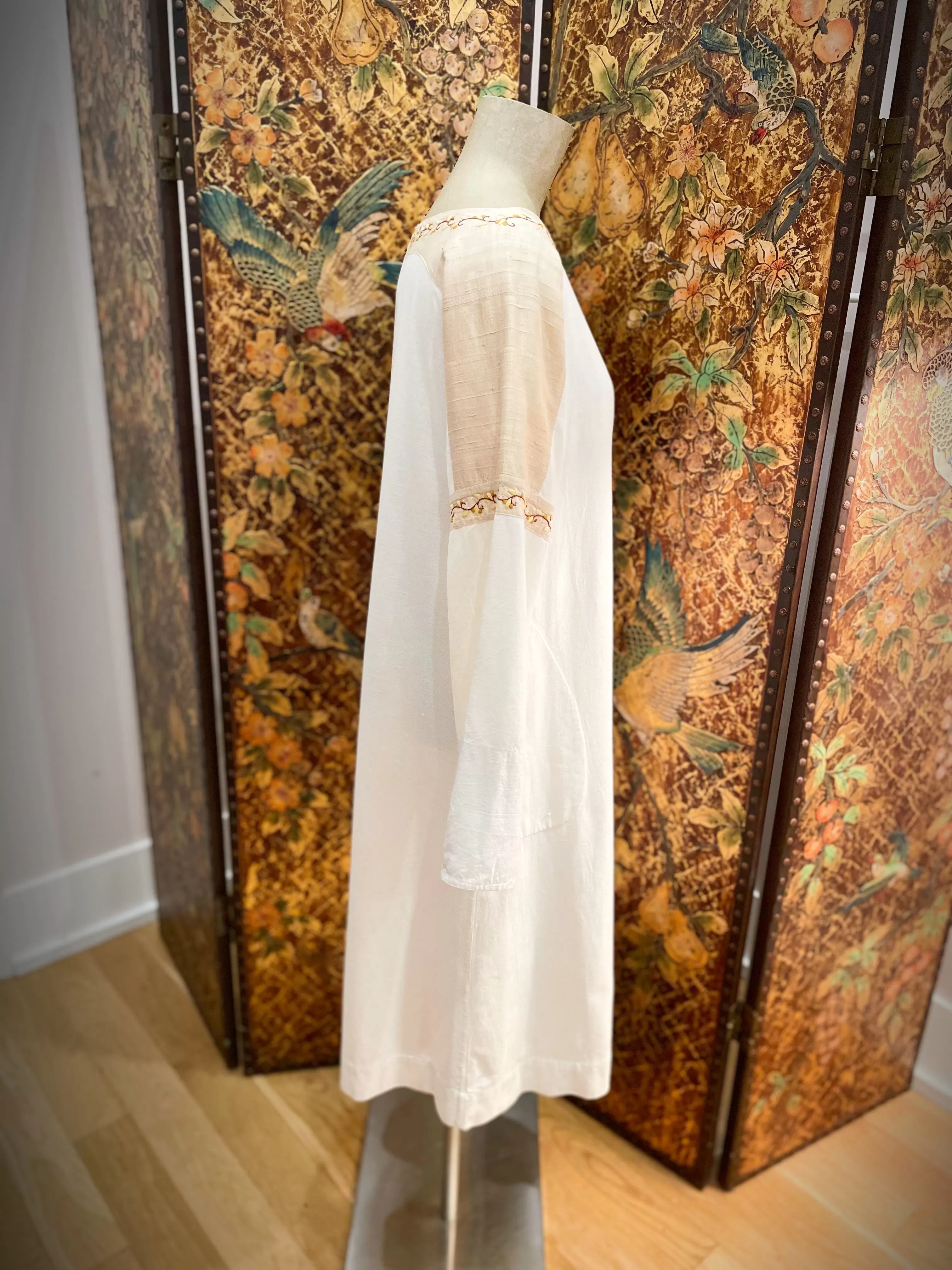 1960s Raw Silk & Linen Embroidered Boho Dress