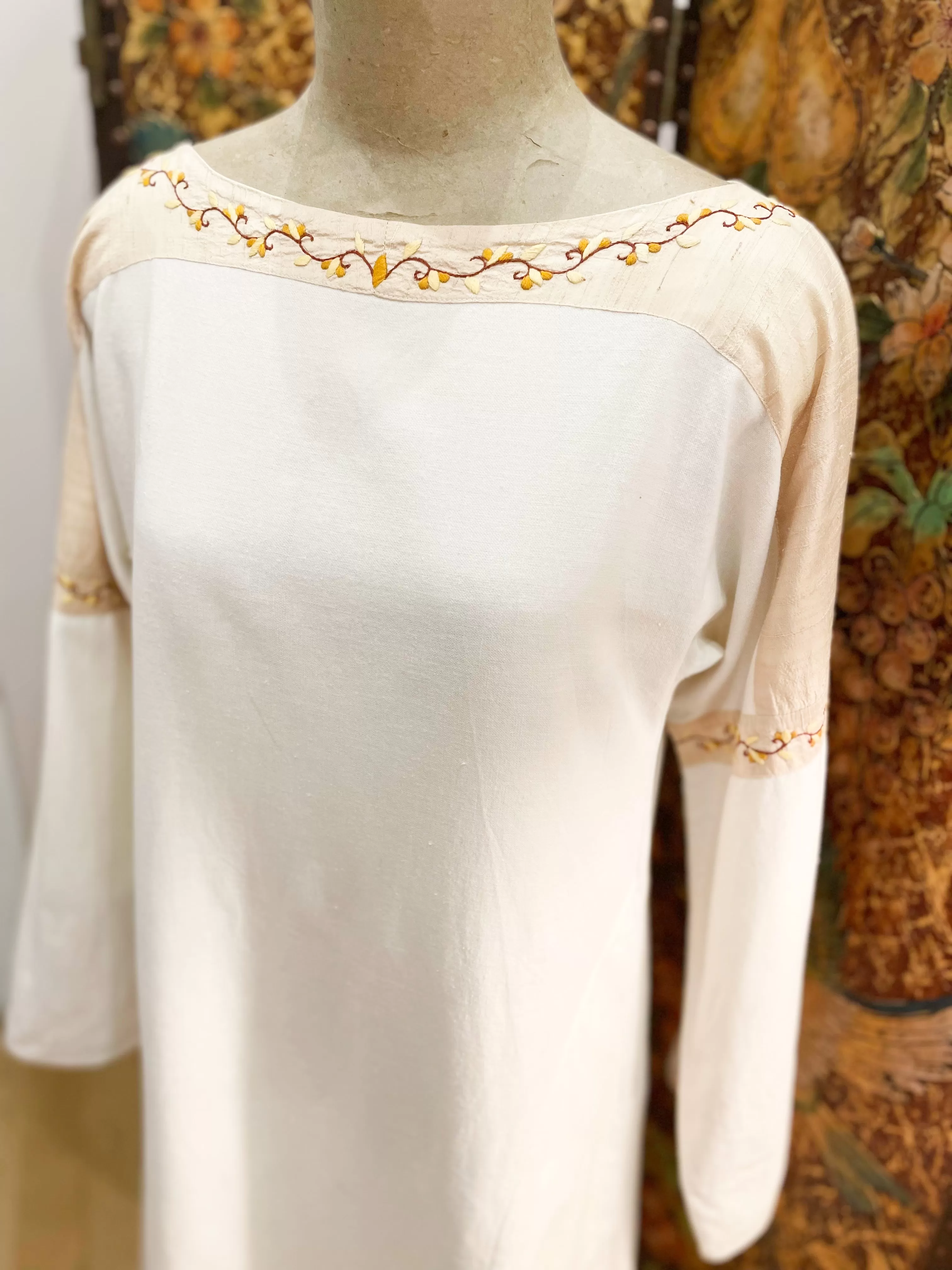 1960s Raw Silk & Linen Embroidered Boho Dress