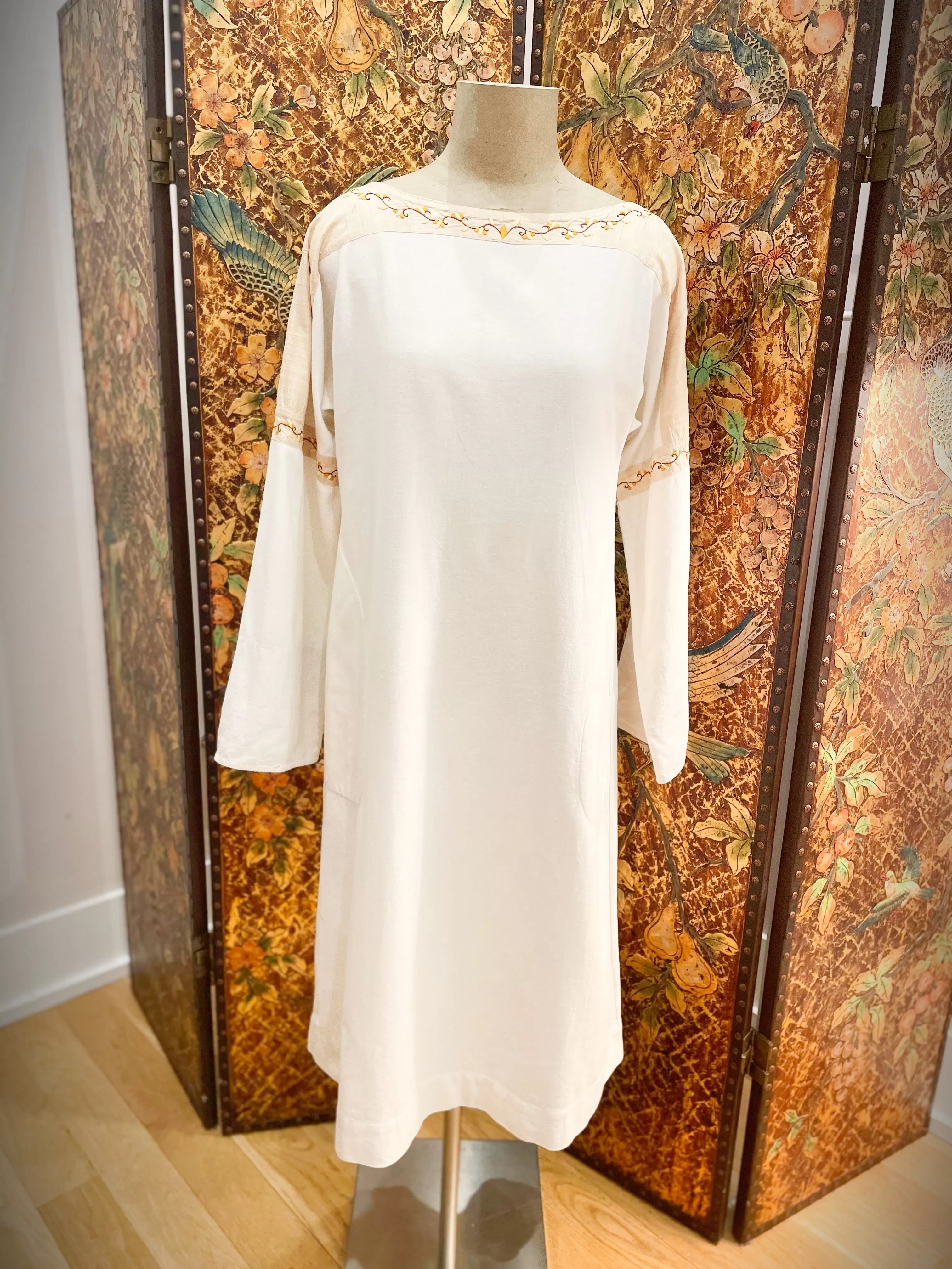 1960s Raw Silk & Linen Embroidered Boho Dress