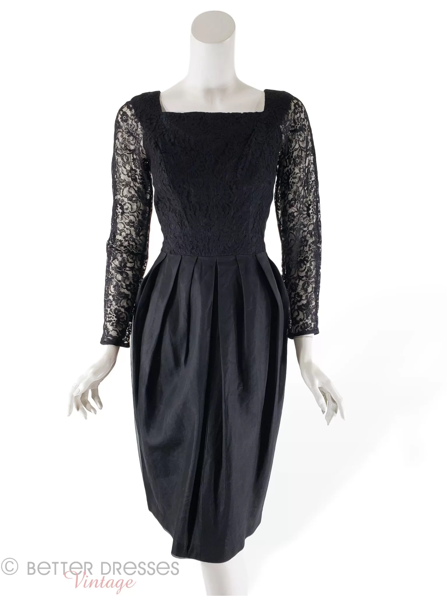 50s/60s Black Cocktail Dress With Lace Bodice - sm