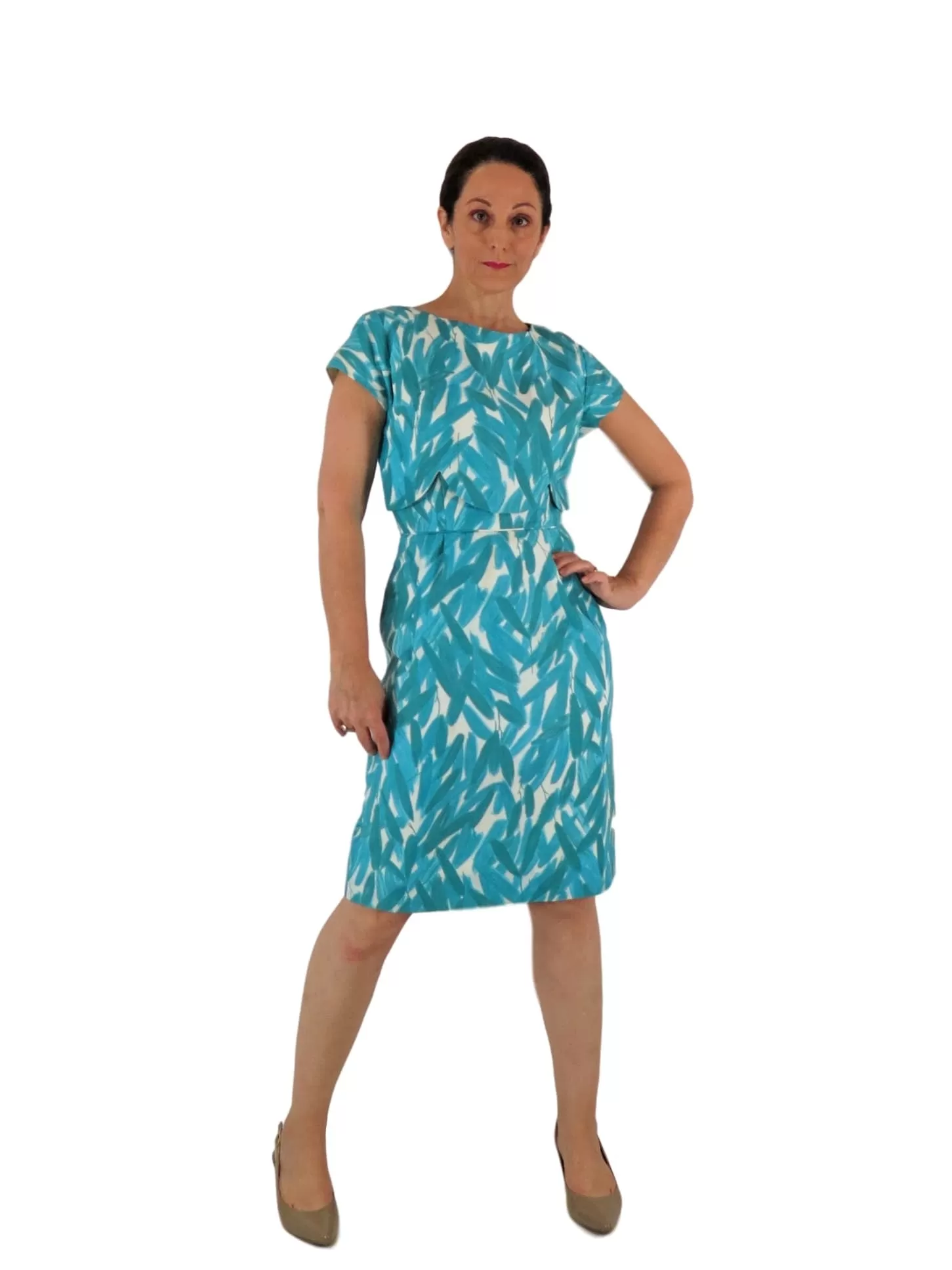 50s/60s Teal Botanical Print Dress - sm