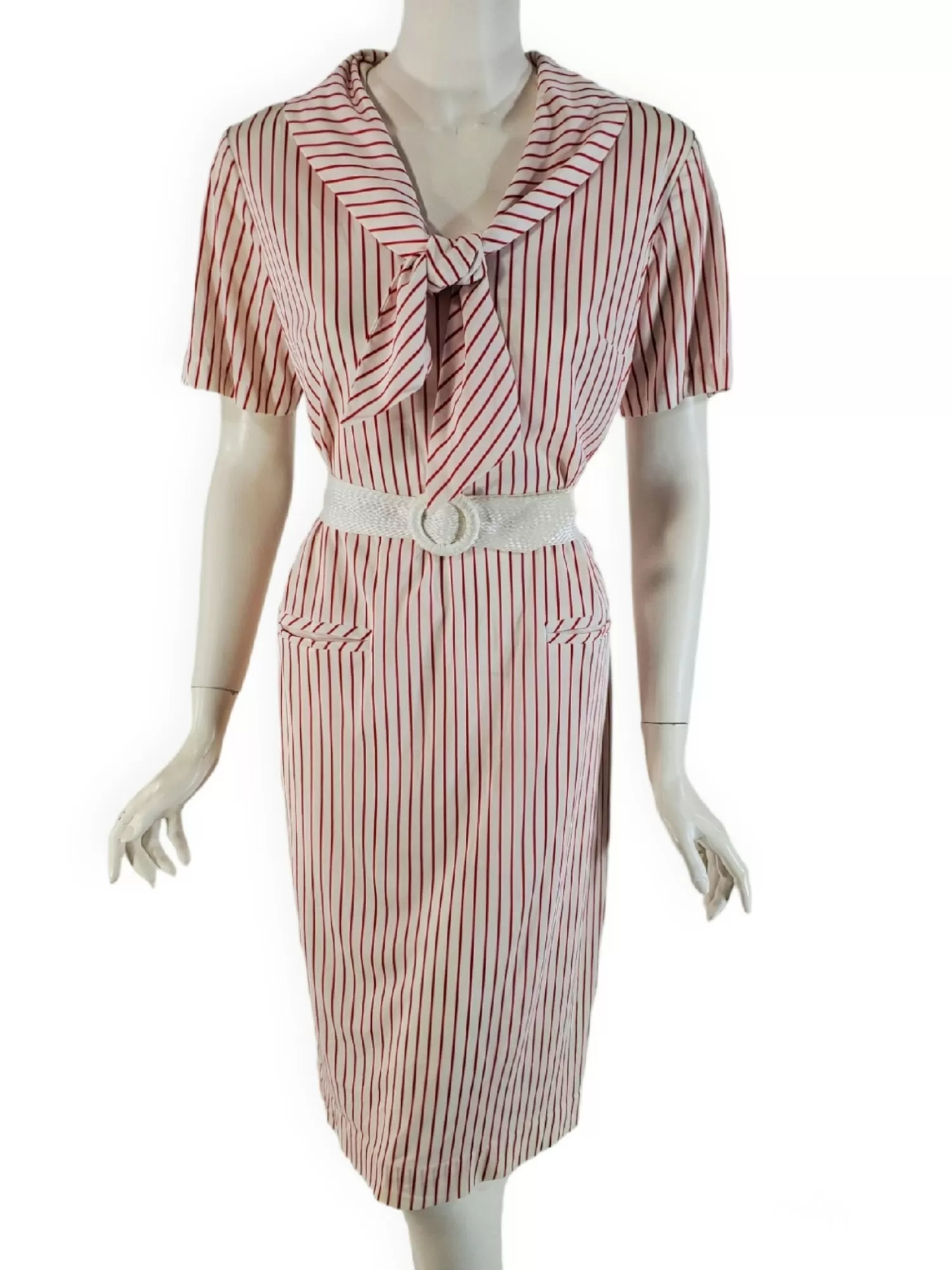 60s Does 20s Red Stripes Shift Dress With Tie Collar - med, lg