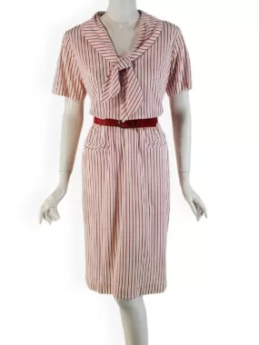 60s Does 20s Red Stripes Shift Dress With Tie Collar - med, lg