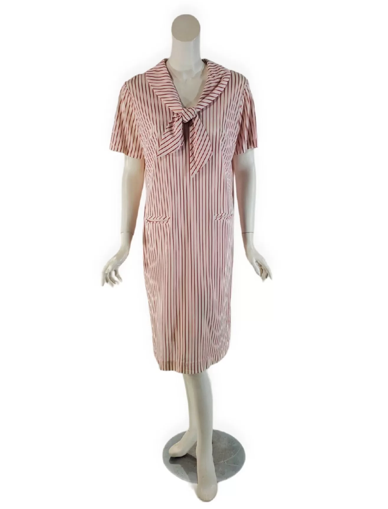 60s Does 20s Red Stripes Shift Dress With Tie Collar - med, lg