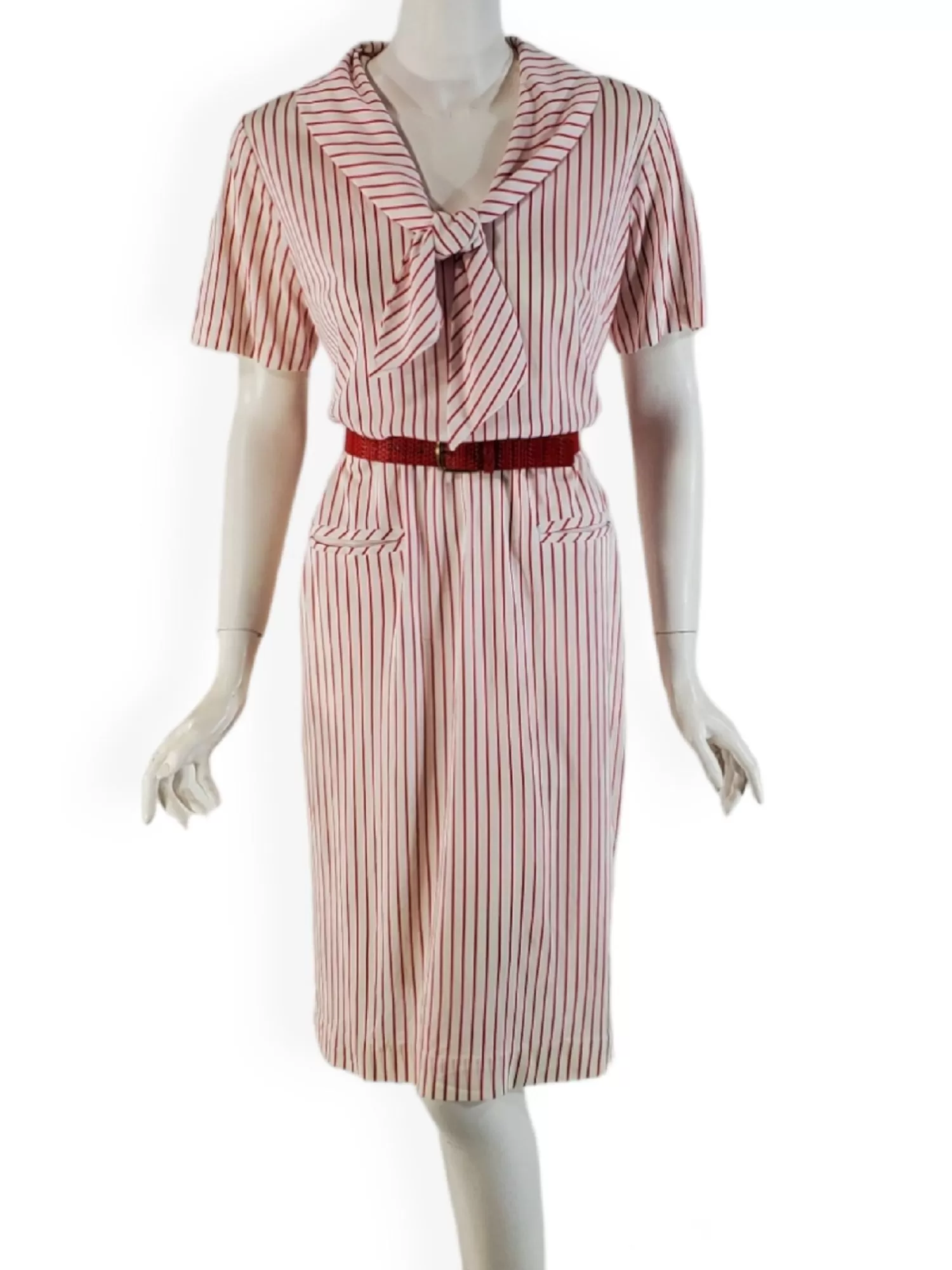 60s Does 20s Red Stripes Shift Dress With Tie Collar - med, lg