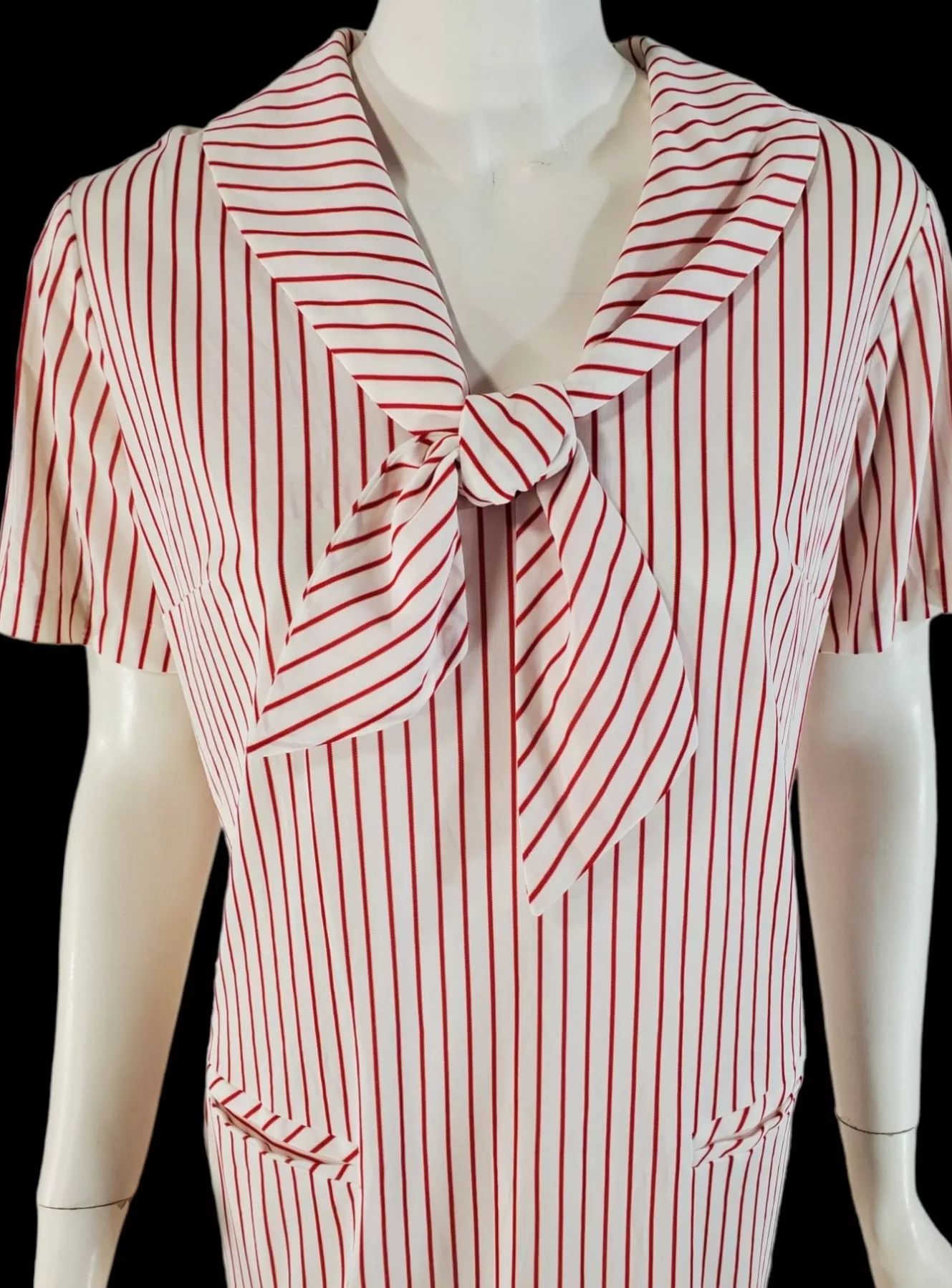 60s Does 20s Red Stripes Shift Dress With Tie Collar - med, lg