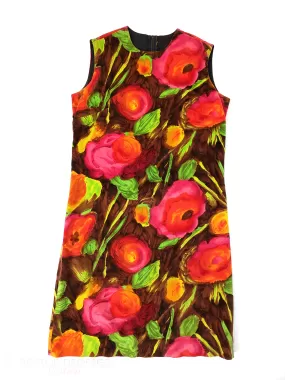 60s Shift Dress in Bold Floral Velvet - med, lg