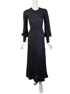 60s/70s Black Metallic Pointelle Knit Maxi Dress - sm, med