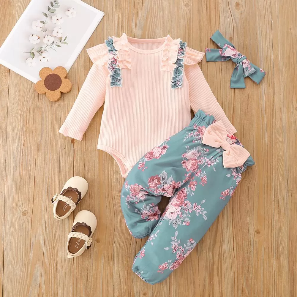 Baby Girls Spring Autumn Top and Floral Pants Set Wholesale Clothing Baby