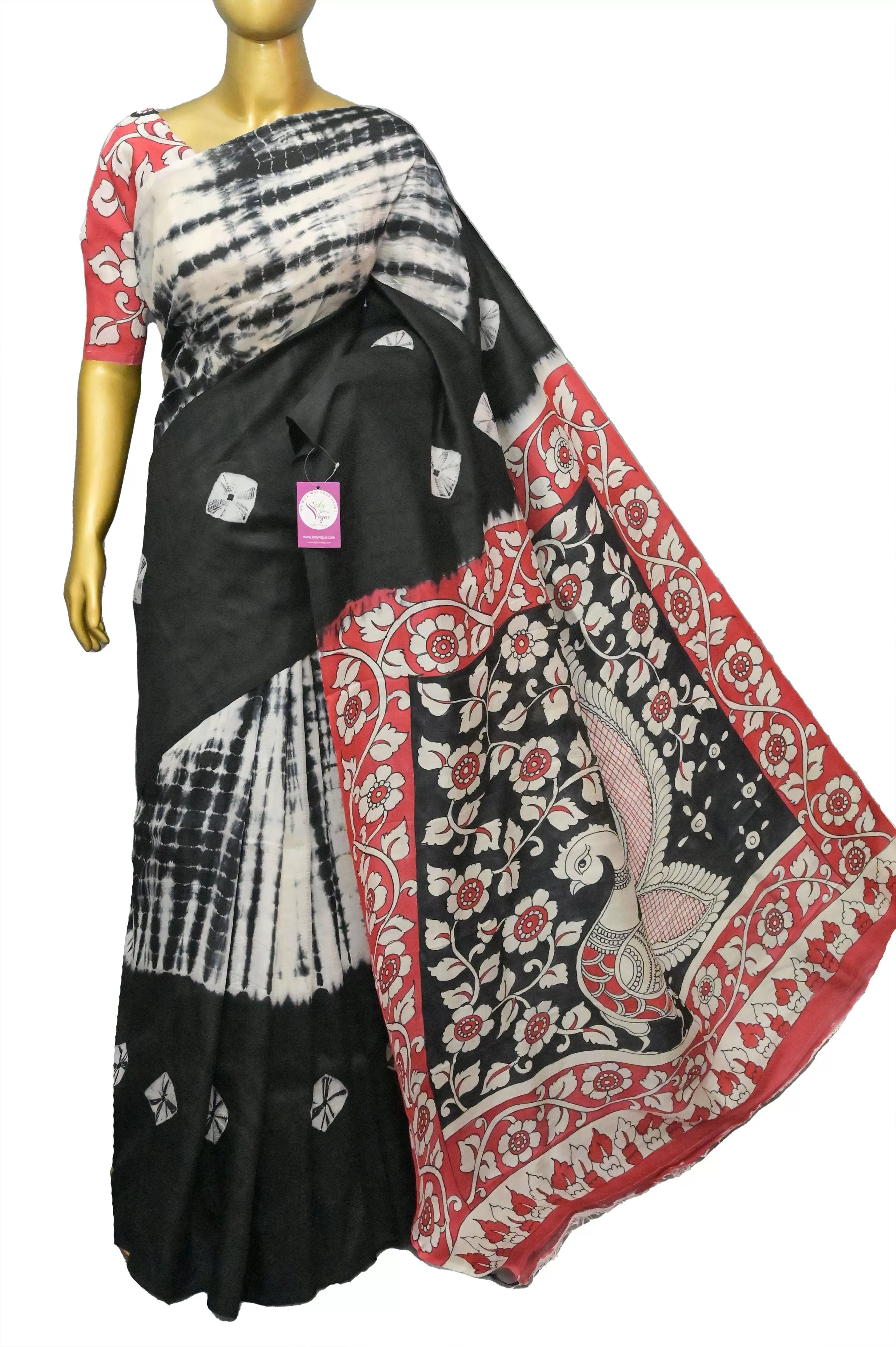 Black and Red Color Pure Bishnupur Silk Saree with Hand Shibori and Hand Kalamkari Work