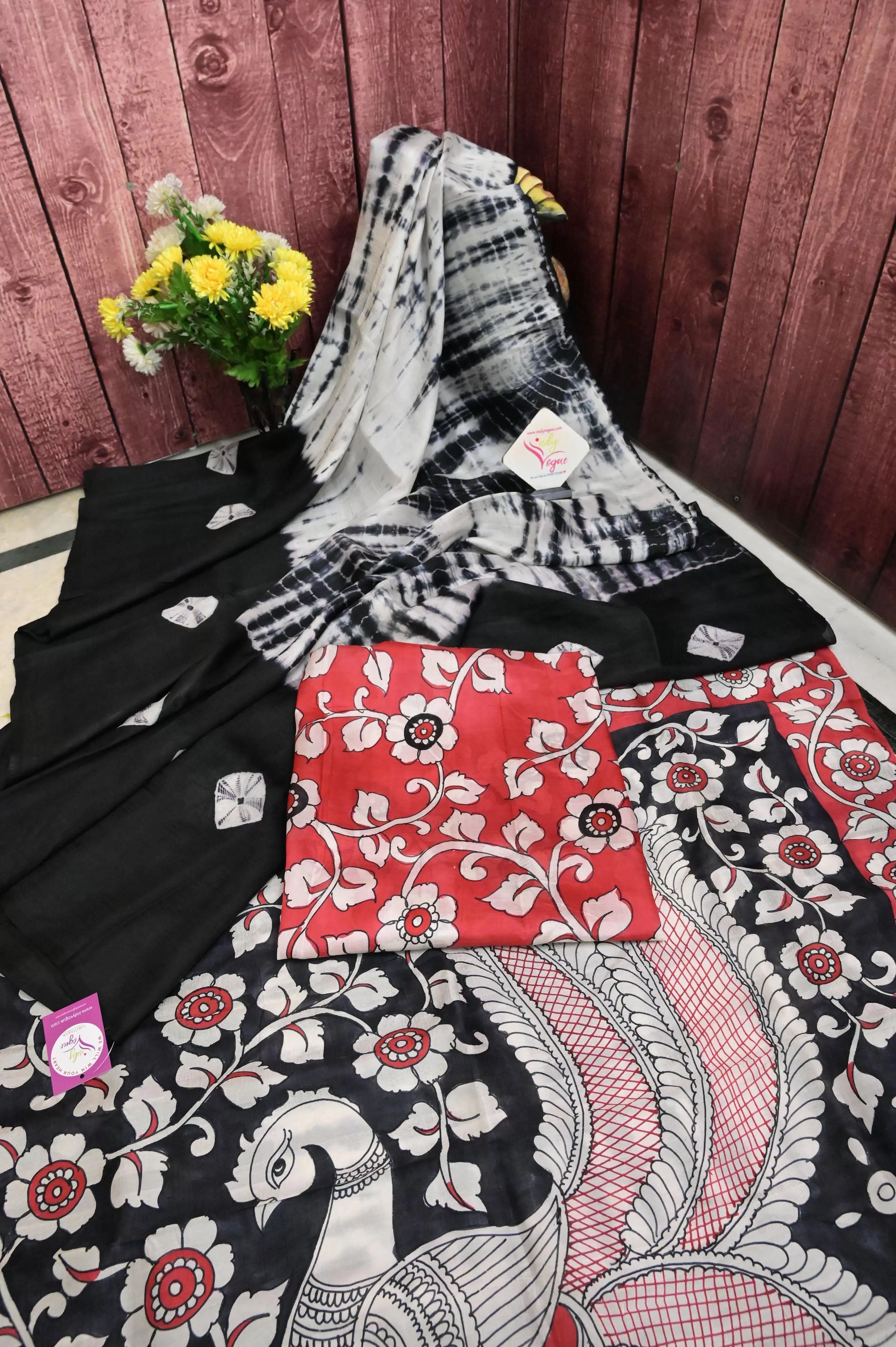 Black and Red Color Pure Bishnupur Silk Saree with Hand Shibori and Hand Kalamkari Work