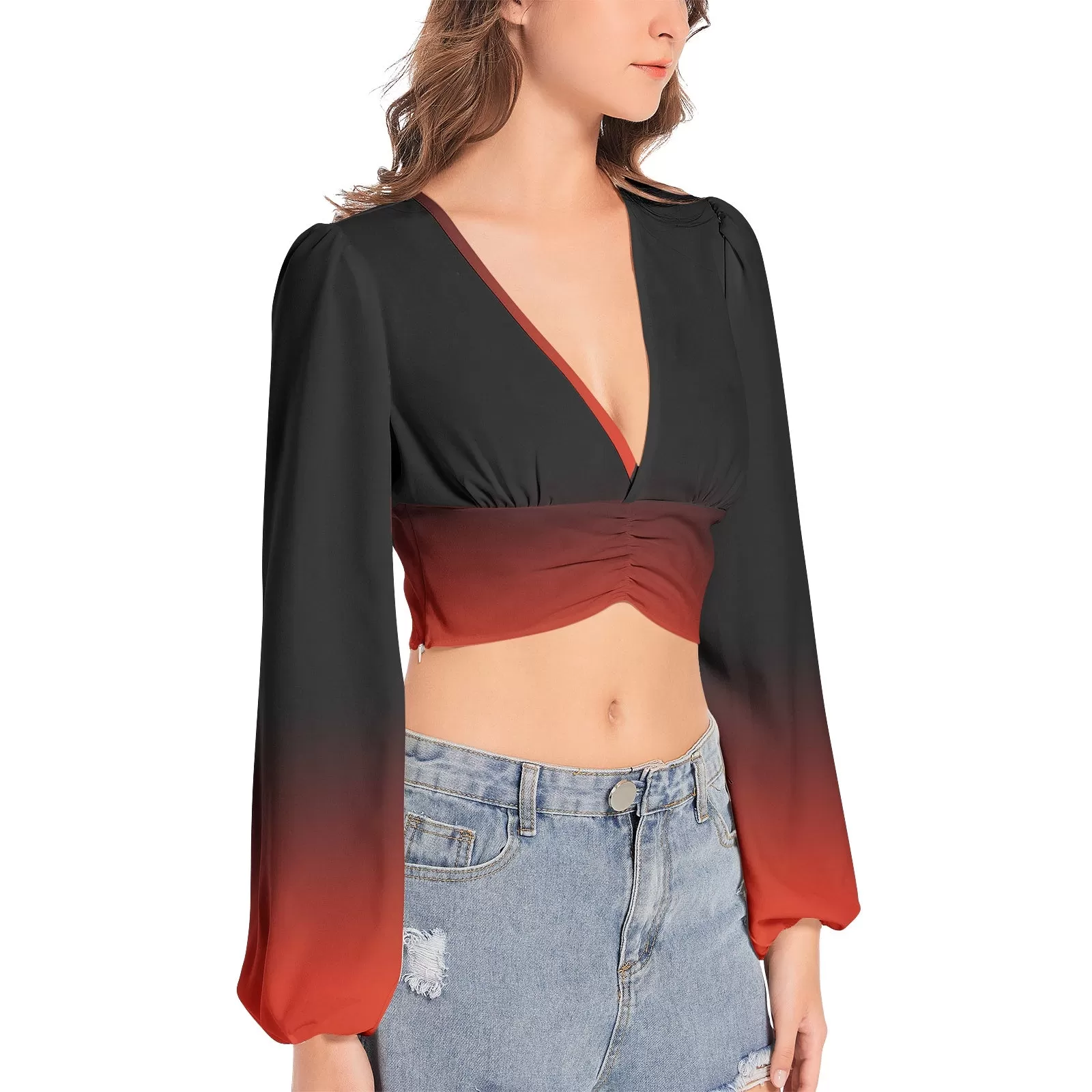 Black and Red Ombre Women's Deep V-Neck Lantern Sleeve Crop Top