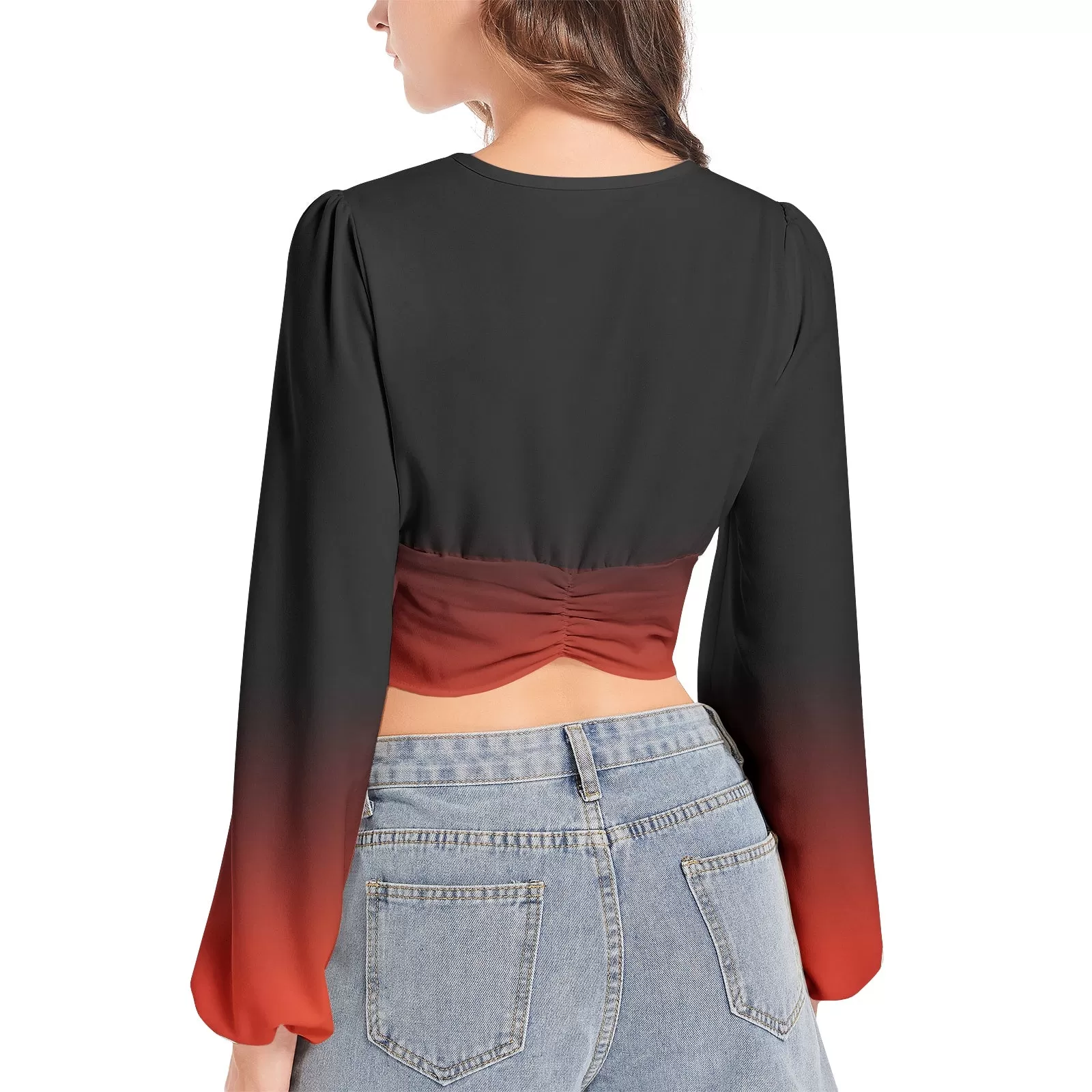 Black and Red Ombre Women's Deep V-Neck Lantern Sleeve Crop Top