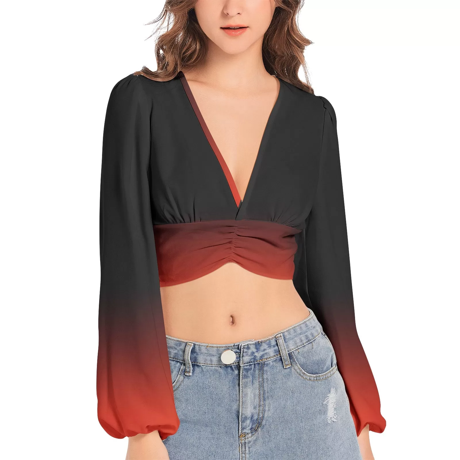 Black and Red Ombre Women's Deep V-Neck Lantern Sleeve Crop Top