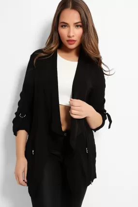 Black Drawstring Waist Waterfall Satin Duster