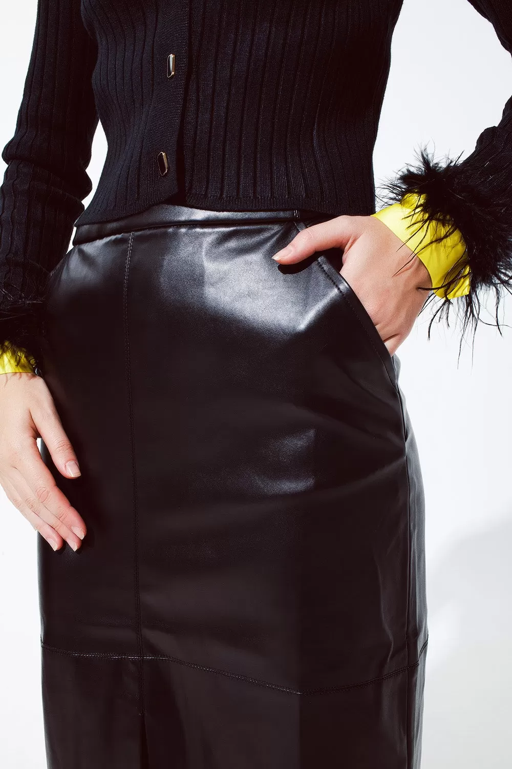 Black Leatherette Pencil Cut Skirt