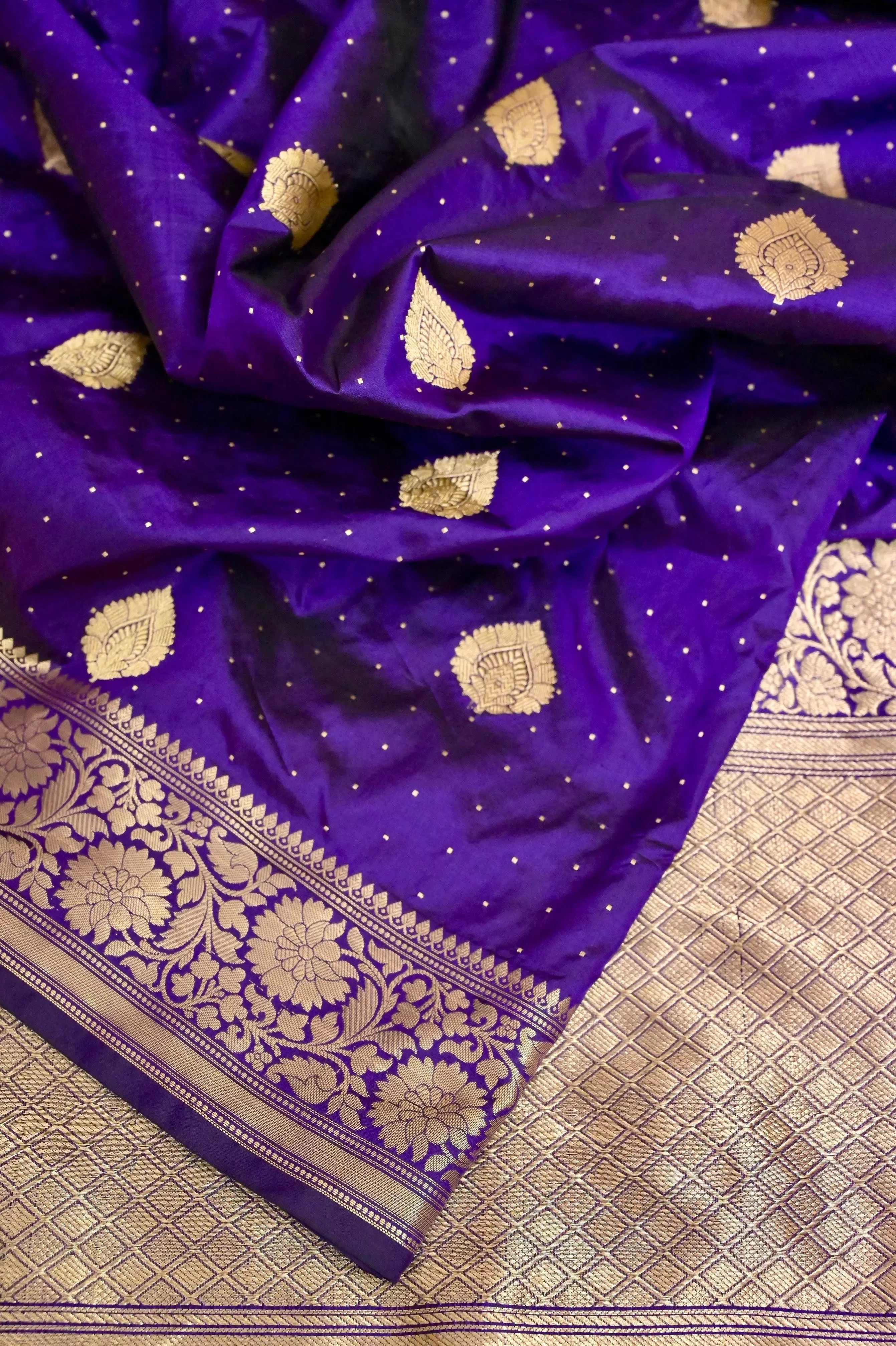 Brinjal Color Pure Katan Banarasi Saree with Golden Zari Buti and Leaf Motif