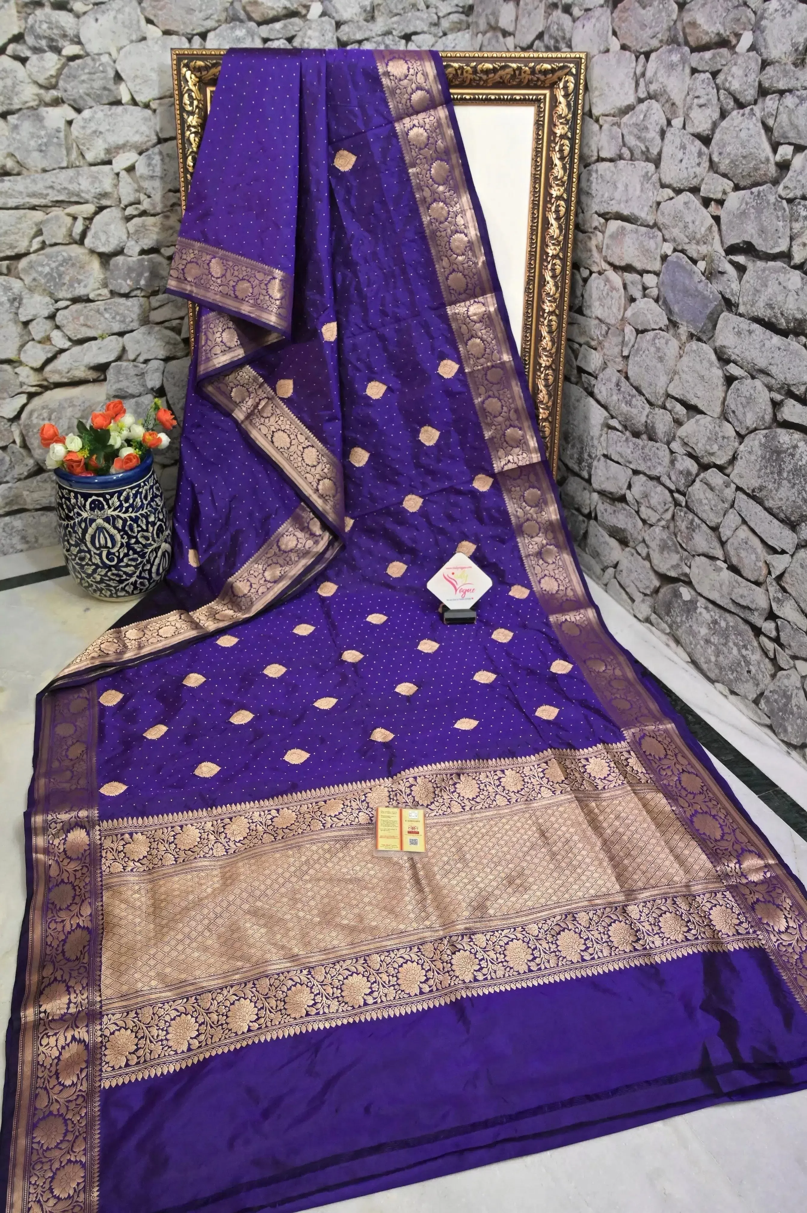 Brinjal Color Pure Katan Banarasi Saree with Golden Zari Buti and Leaf Motif