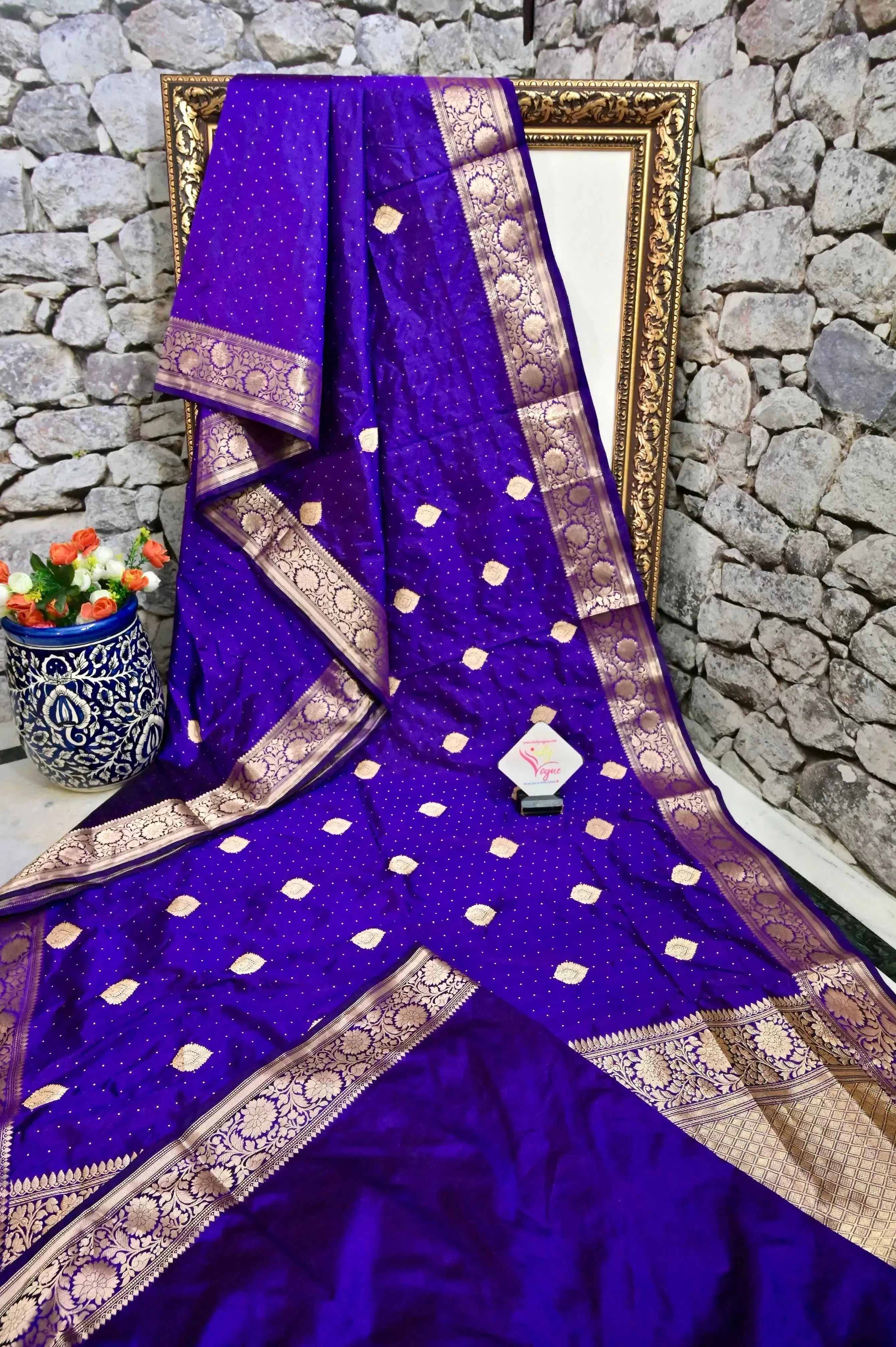 Brinjal Color Pure Katan Banarasi Saree with Golden Zari Buti and Leaf Motif