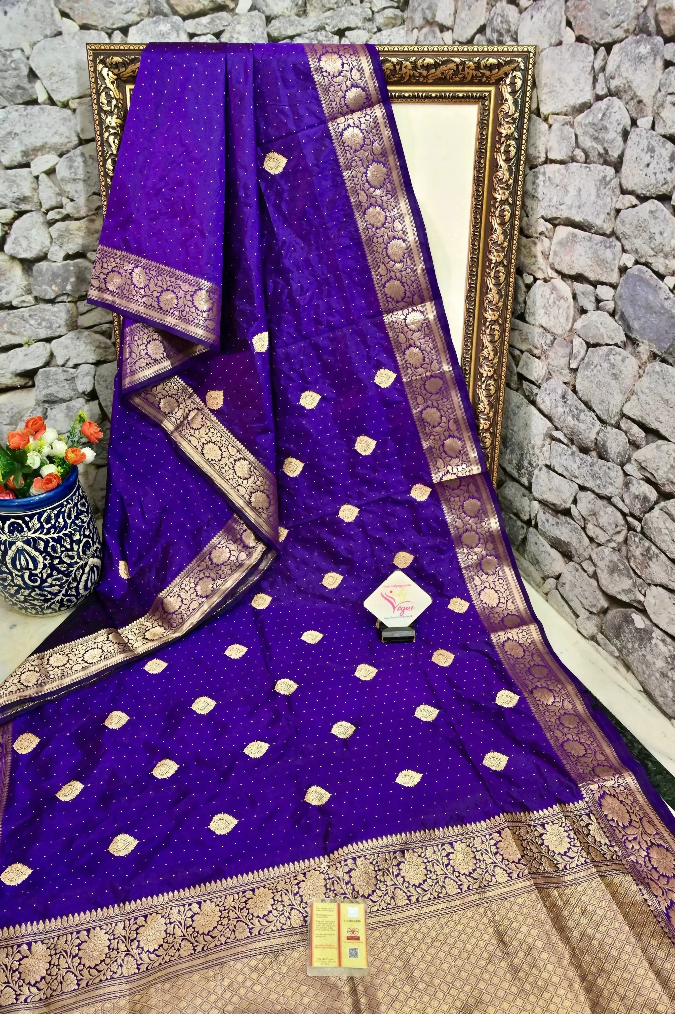 Brinjal Color Pure Katan Banarasi Saree with Golden Zari Buti and Leaf Motif