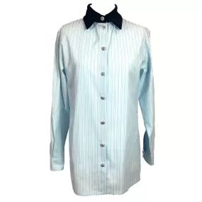 Chanel Brand New 2790 Blue Stripe Cotton Shirt with Velvet Collar XS