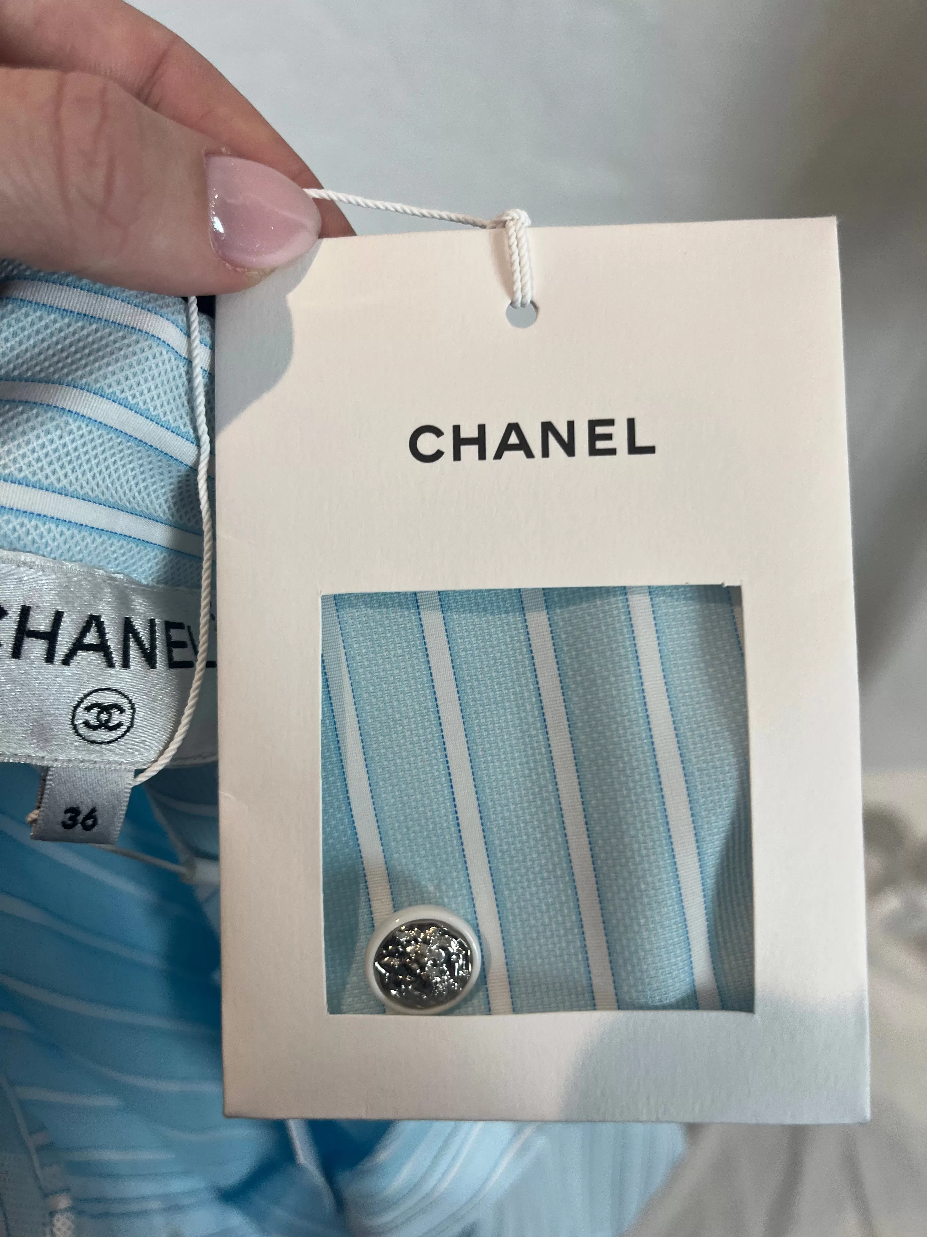 Chanel Brand New 2790 Blue Stripe Cotton Shirt with Velvet Collar XS