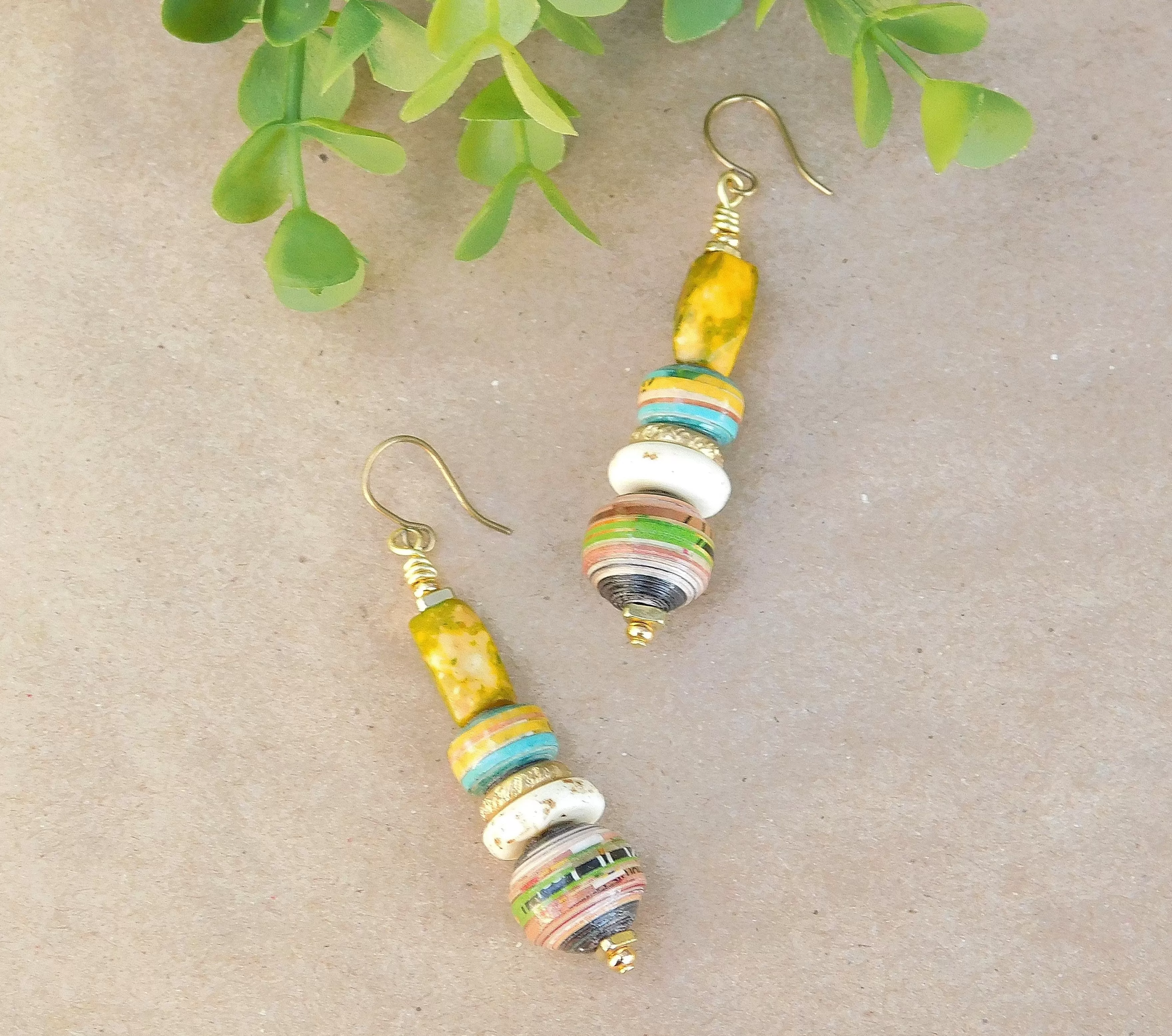 Chartreuse Bone and Paper Bead Earrings