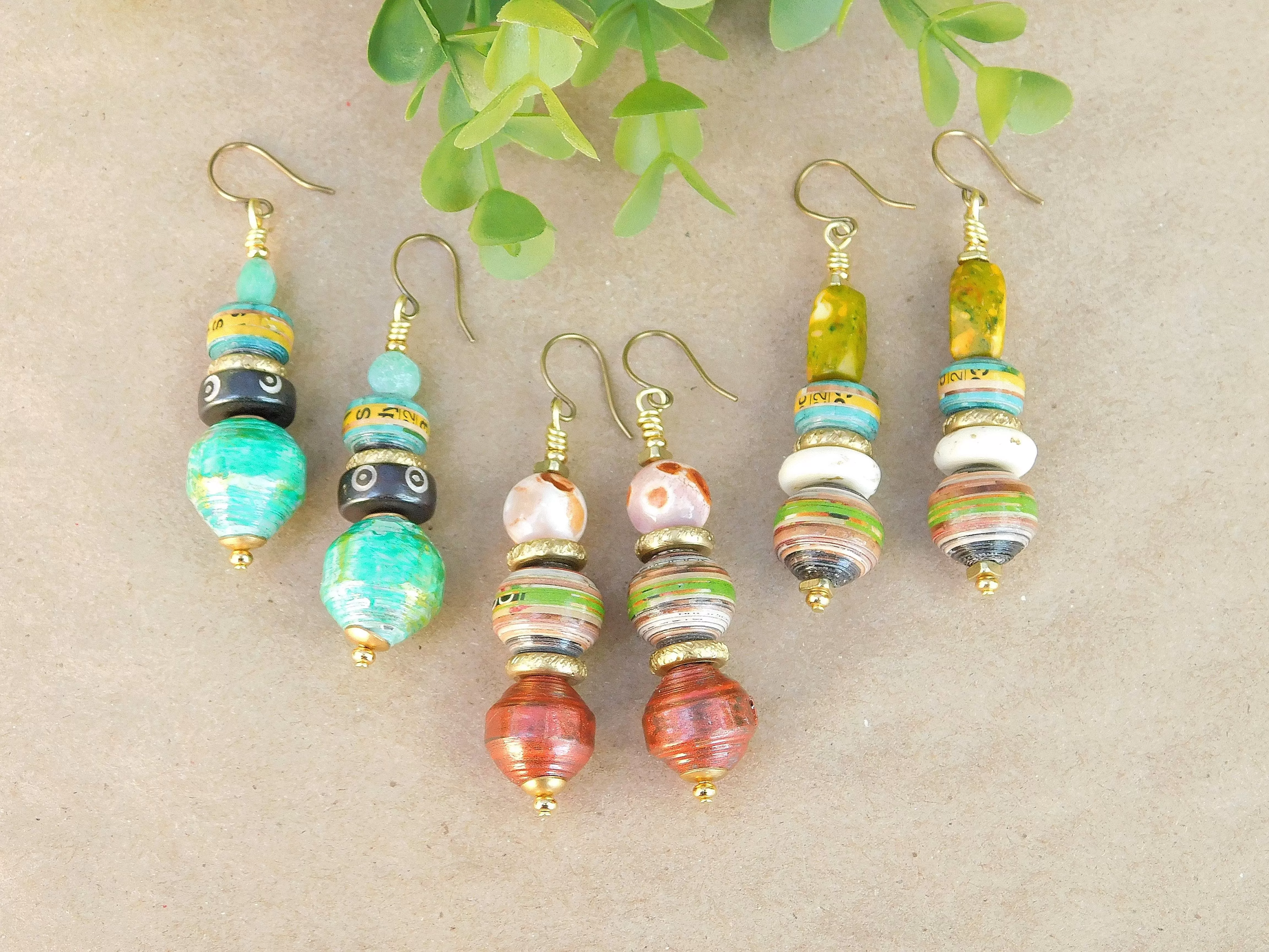 Chartreuse Bone and Paper Bead Earrings