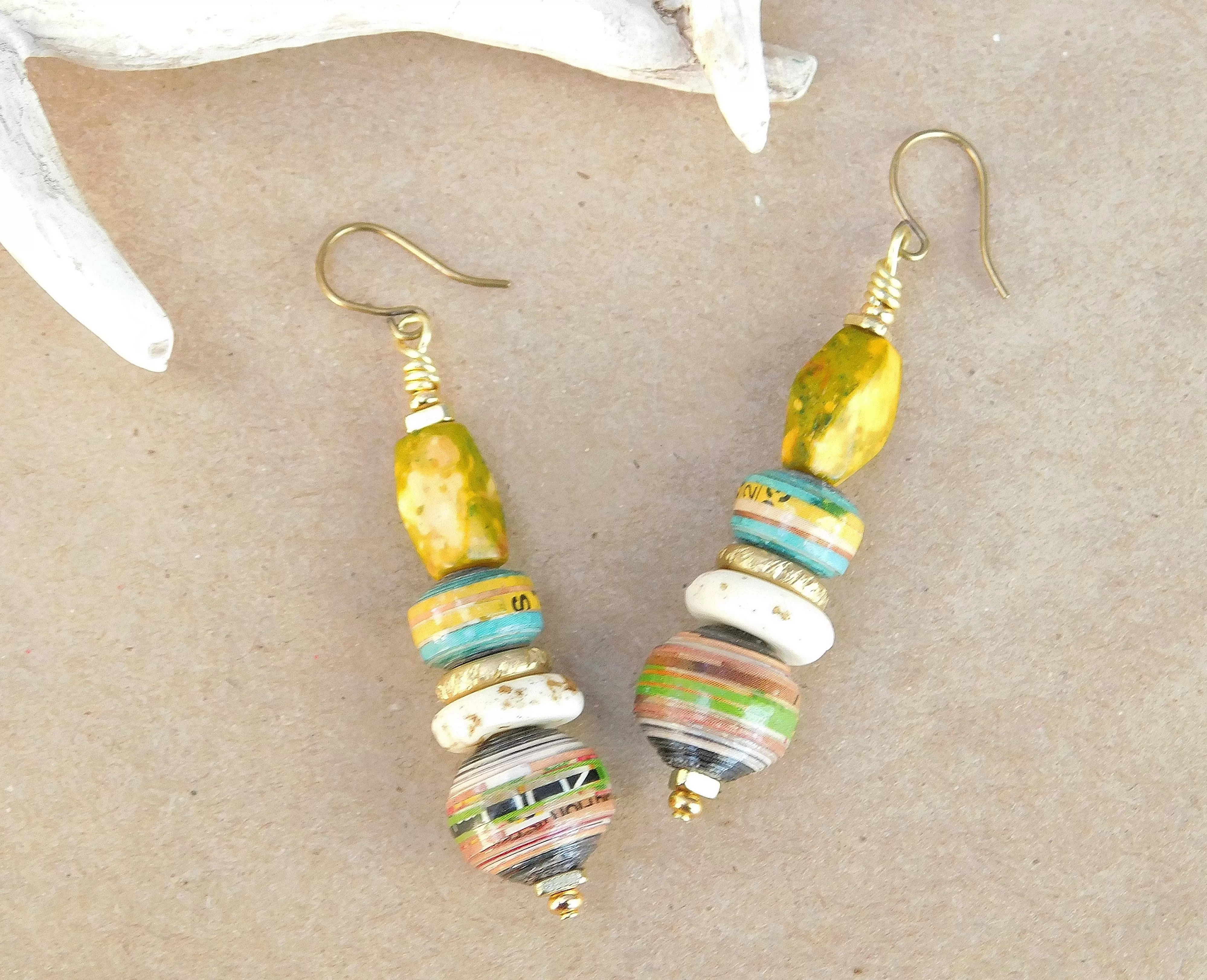 Chartreuse Bone and Paper Bead Earrings