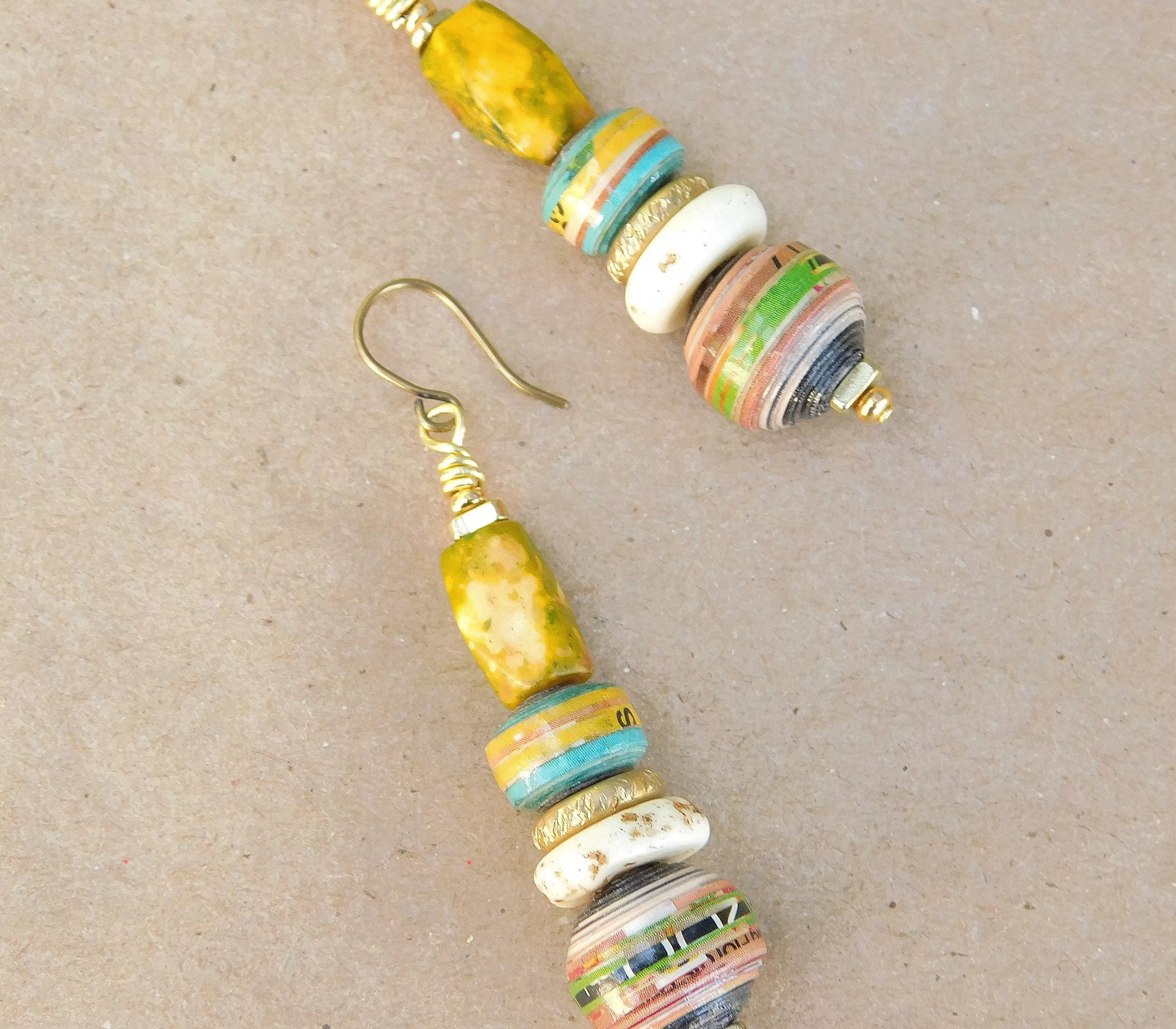 Chartreuse Bone and Paper Bead Earrings