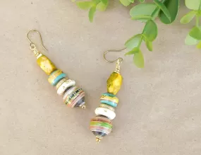 Chartreuse Bone and Paper Bead Earrings