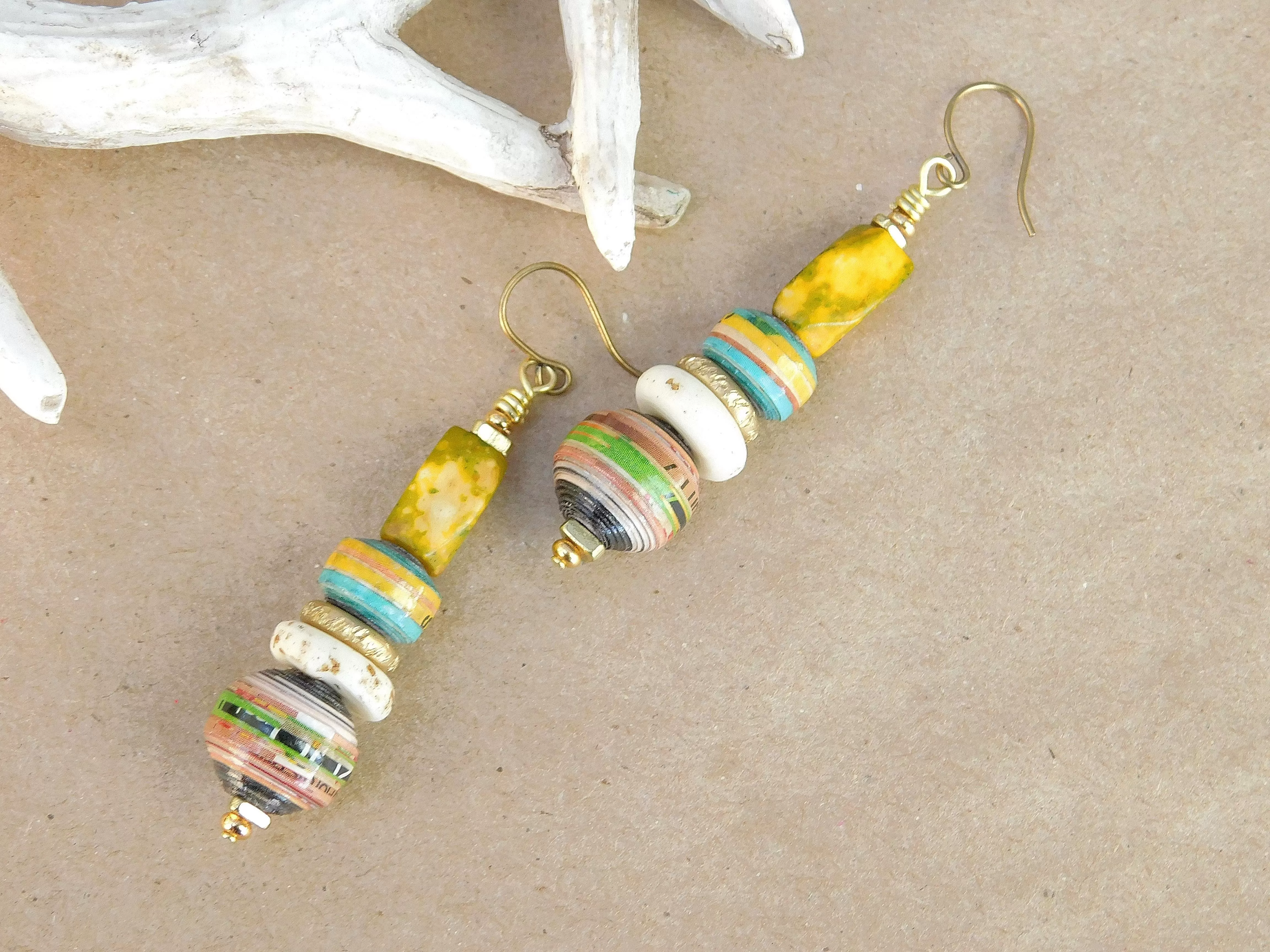 Chartreuse Bone and Paper Bead Earrings