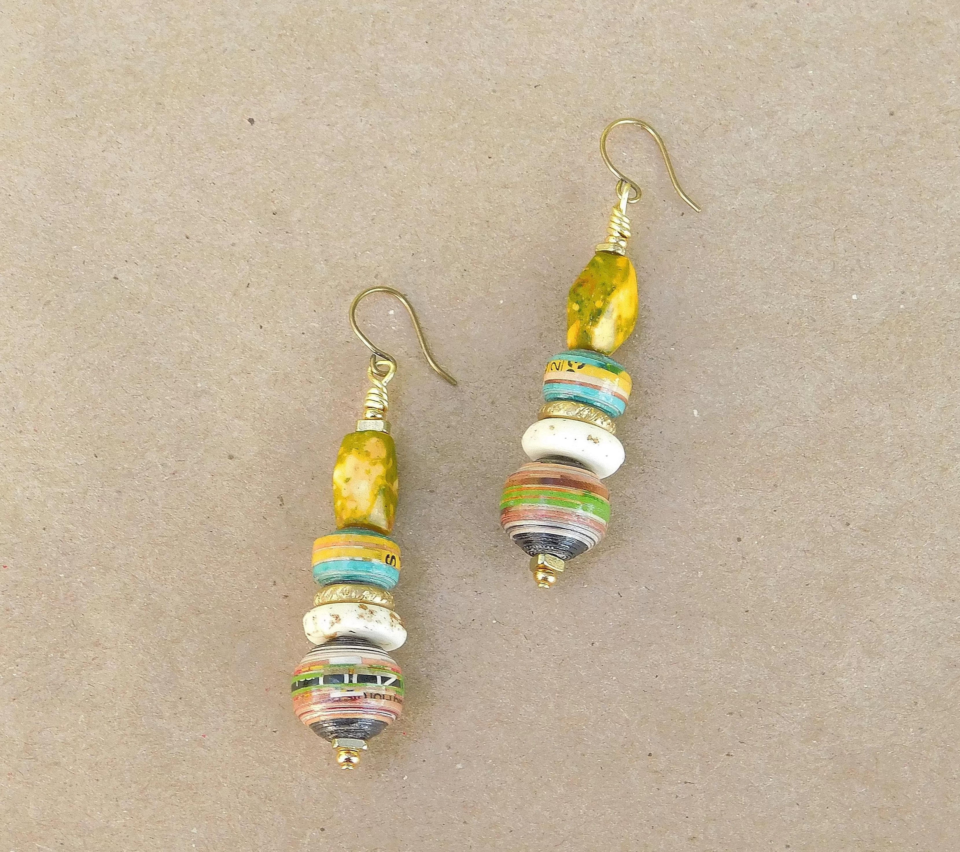 Chartreuse Bone and Paper Bead Earrings