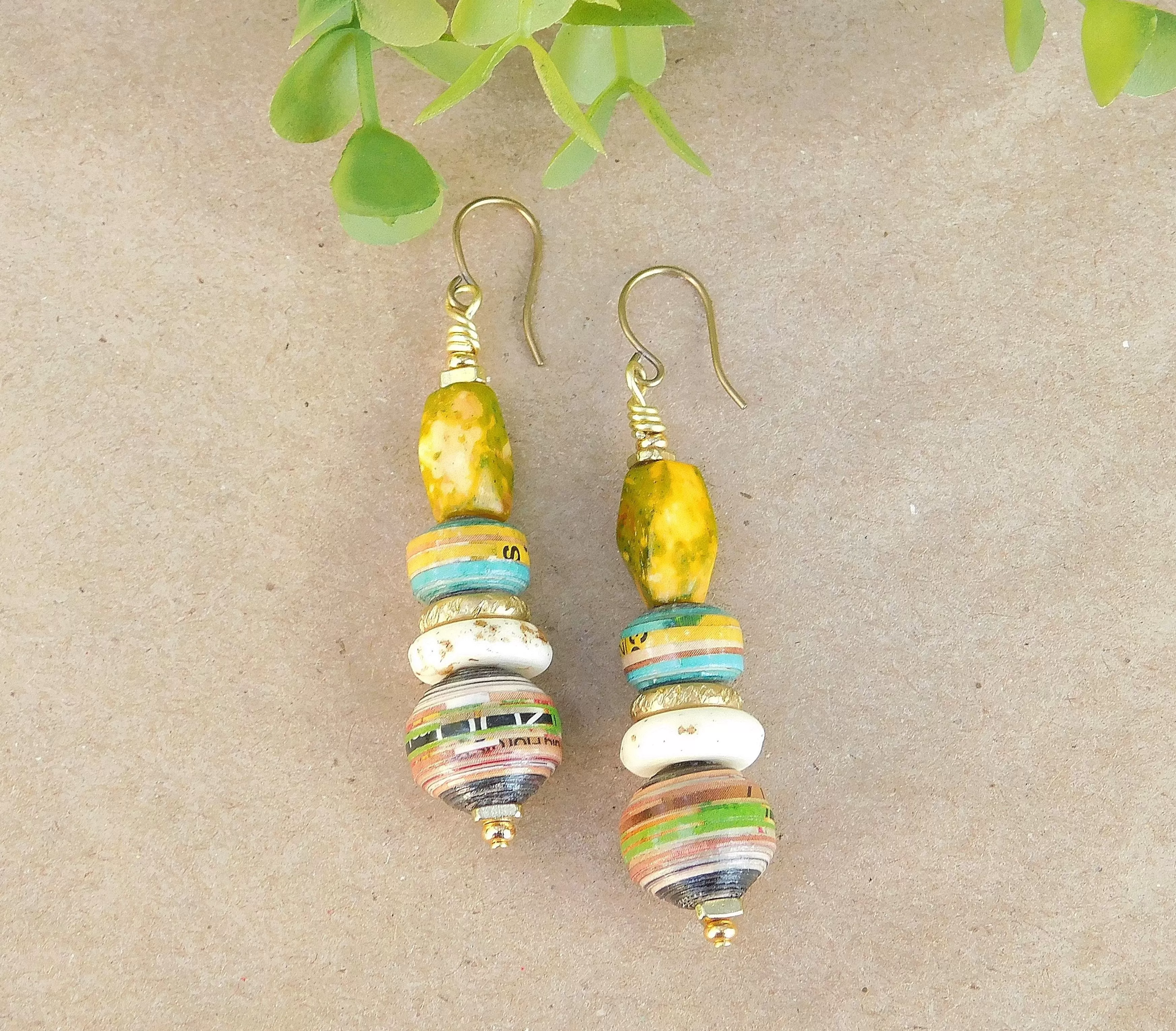 Chartreuse Bone and Paper Bead Earrings