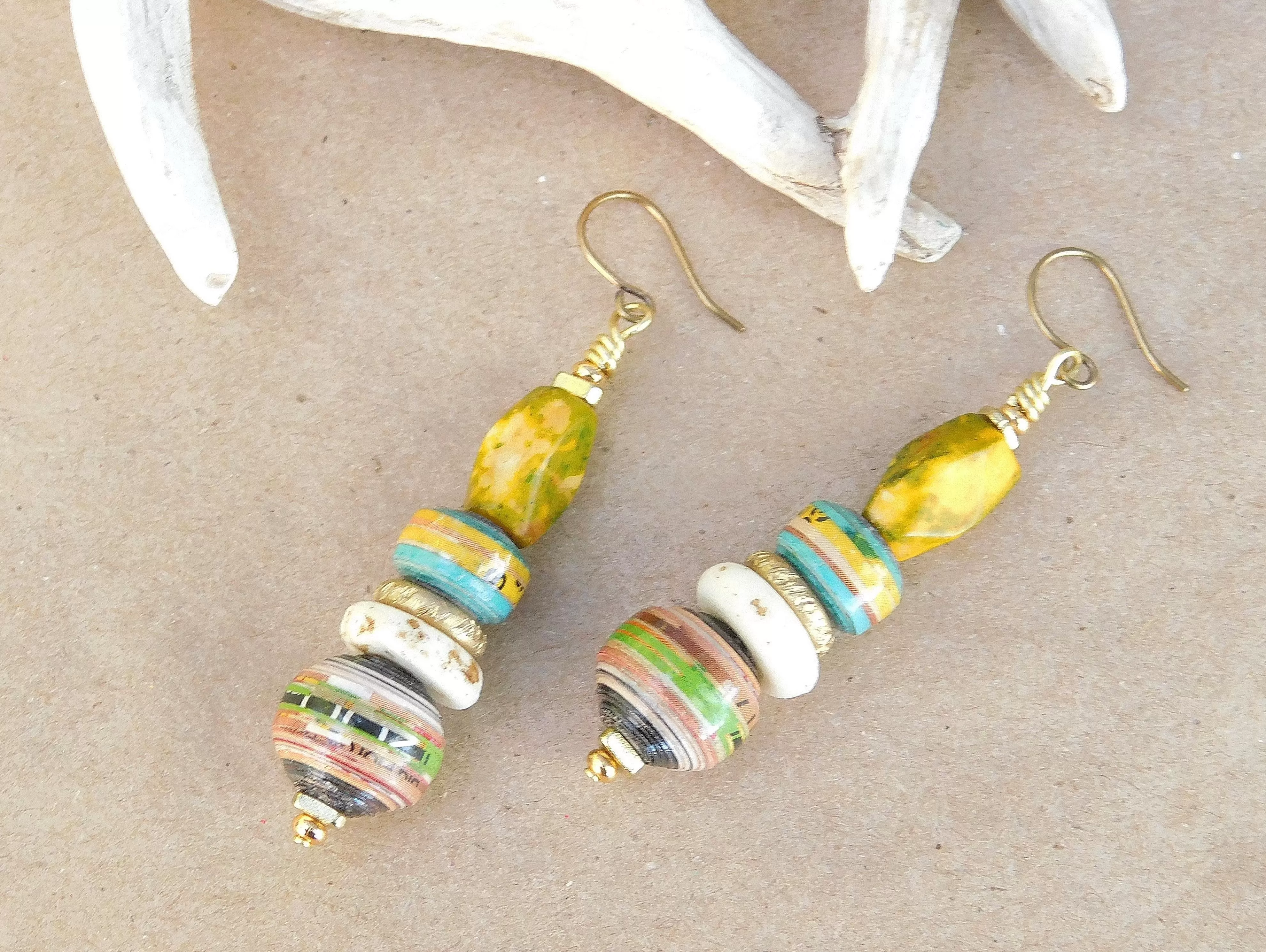 Chartreuse Bone and Paper Bead Earrings