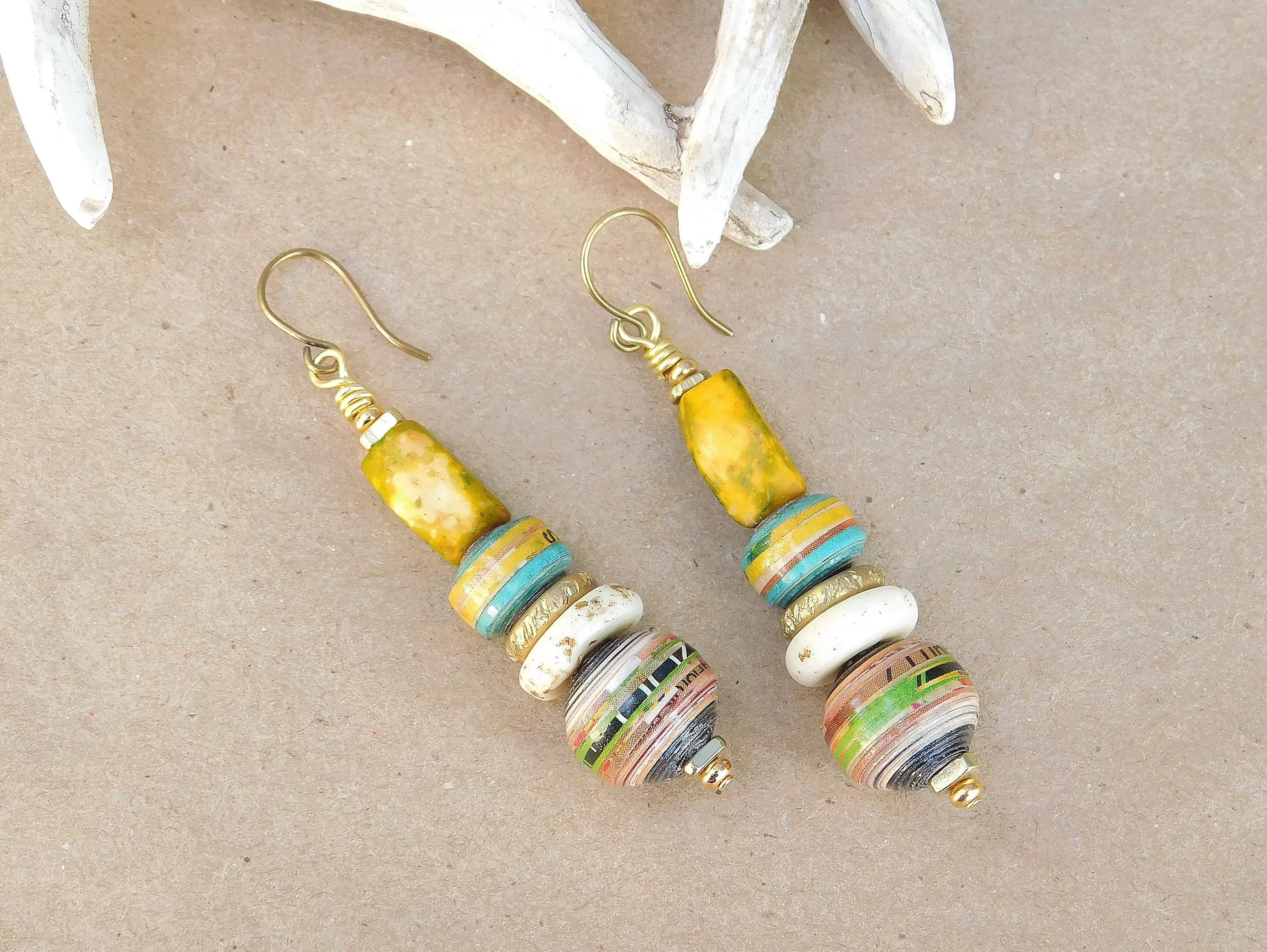 Chartreuse Bone and Paper Bead Earrings