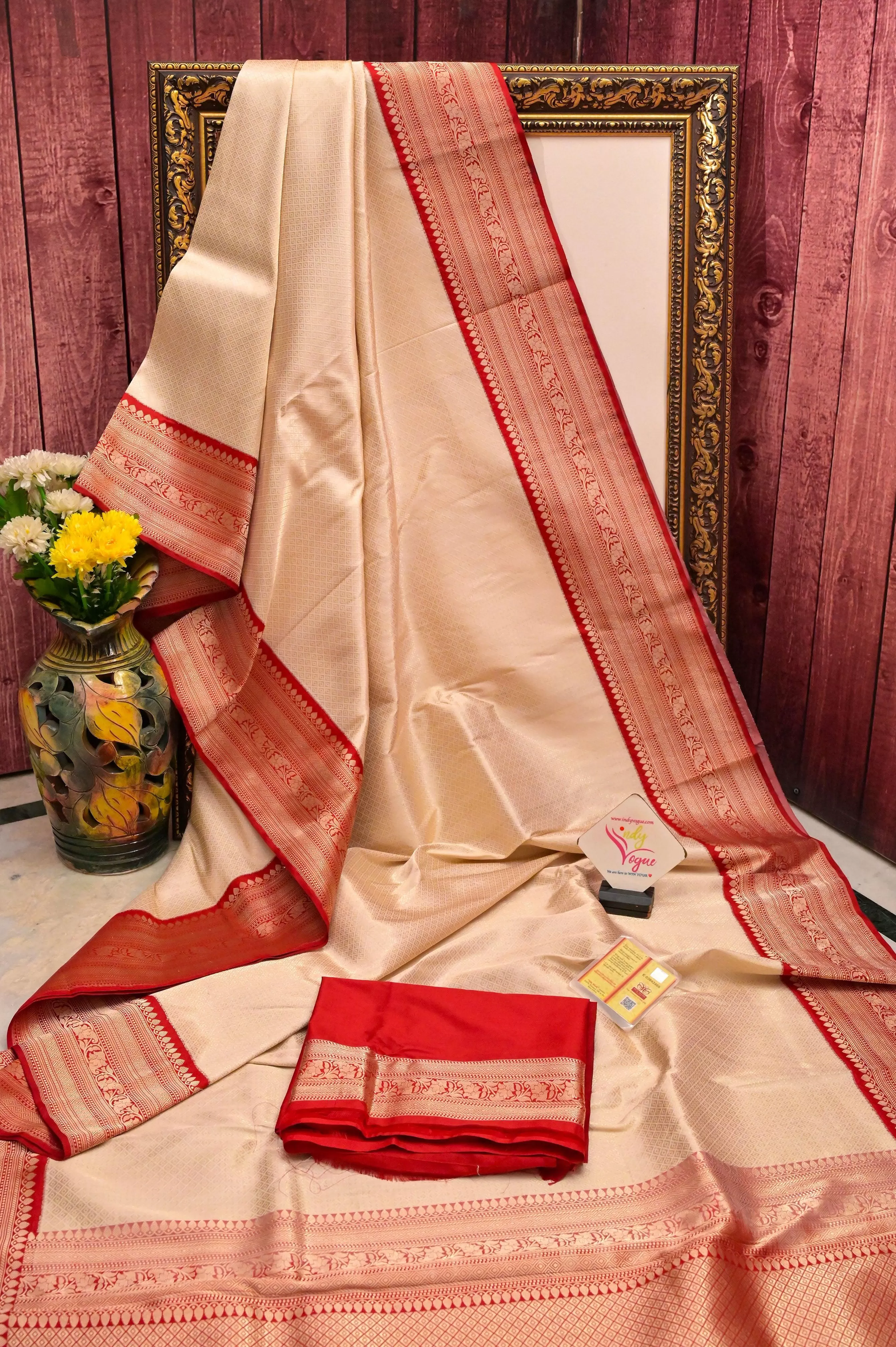 Cream and Red Color Brocade Katan Banarasi Saree with Self-Weaving