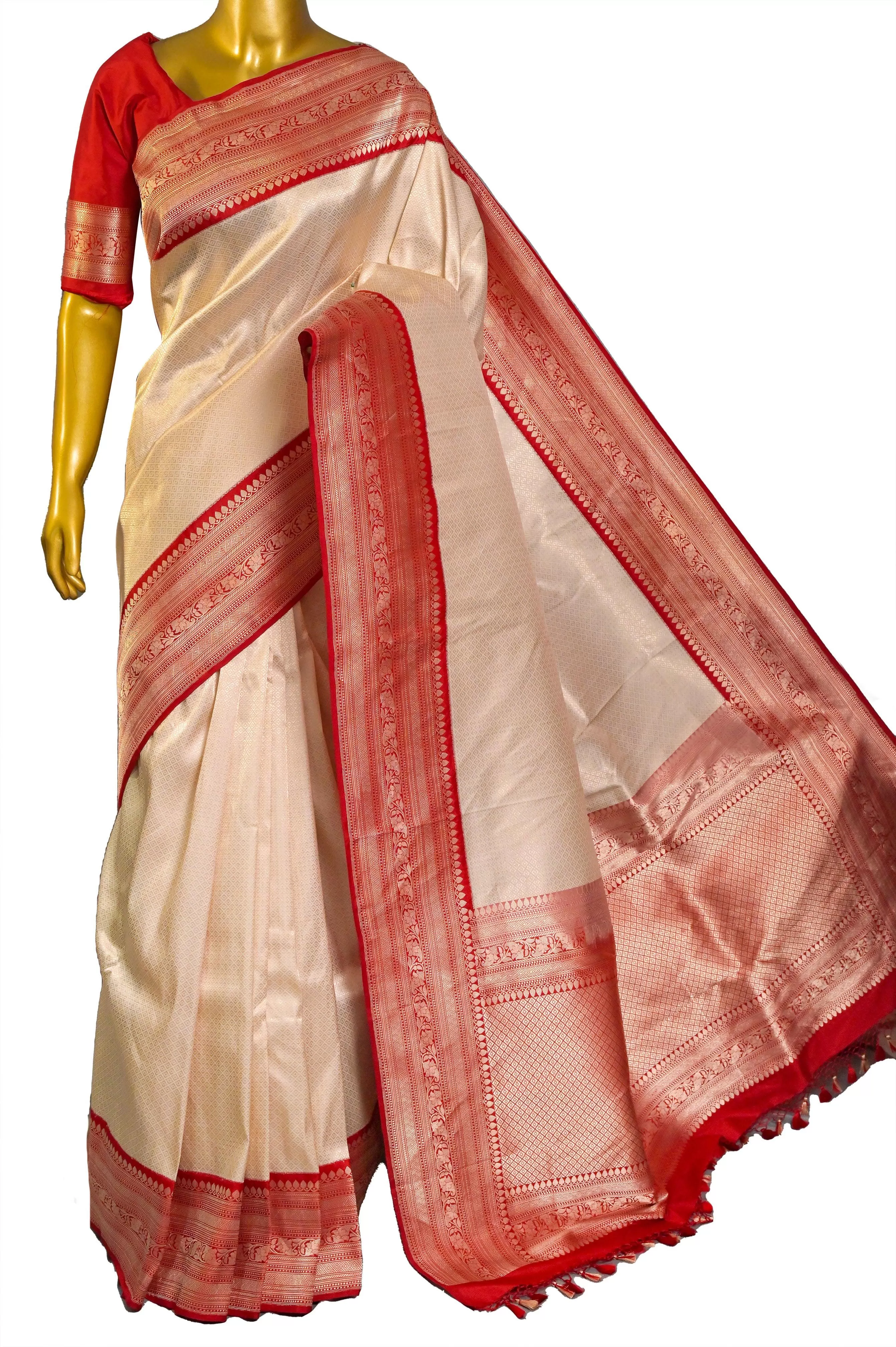 Cream and Red Color Brocade Katan Banarasi Saree with Self-Weaving