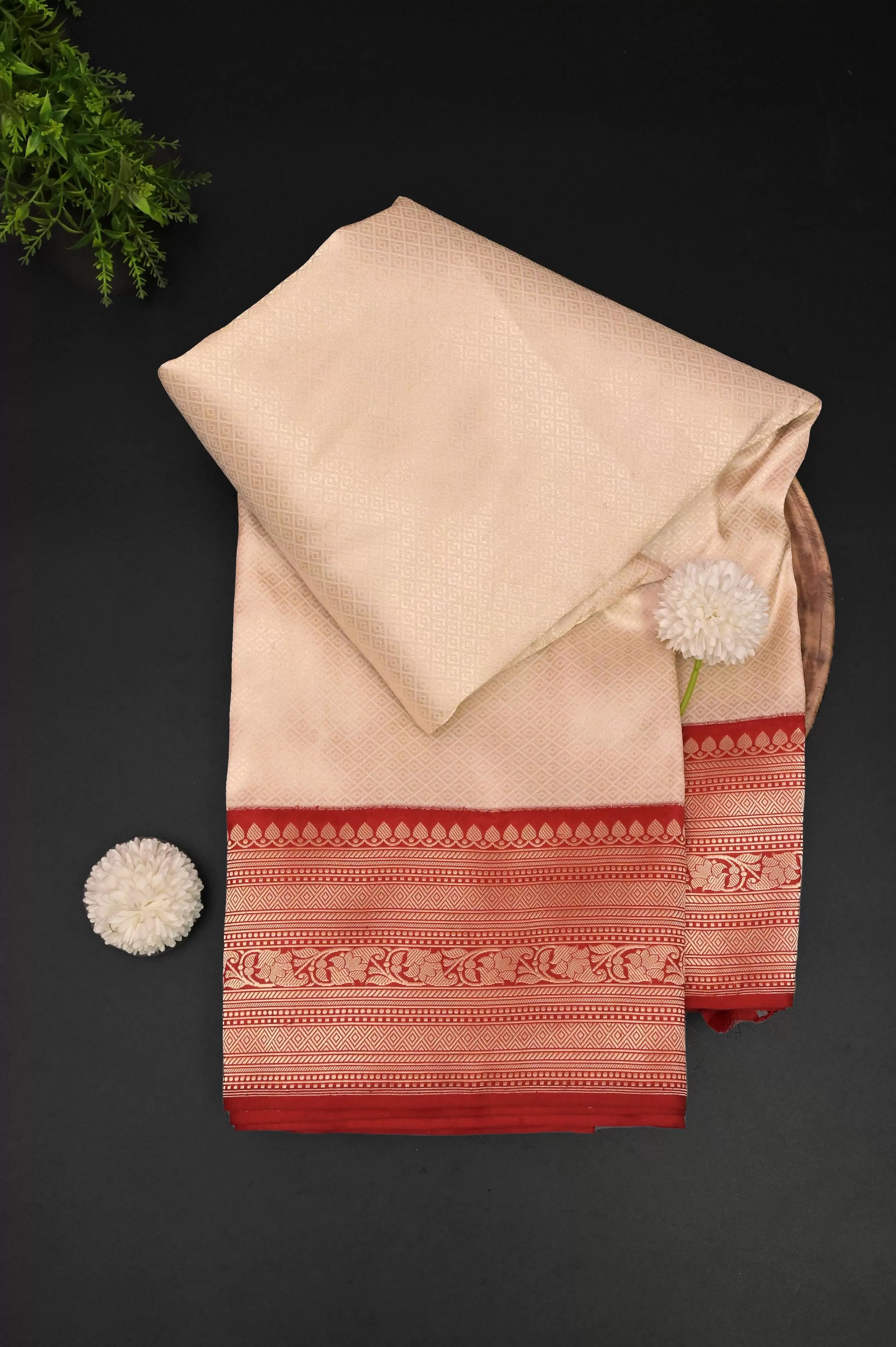 Cream and Red Color Brocade Katan Banarasi Saree with Self-Weaving