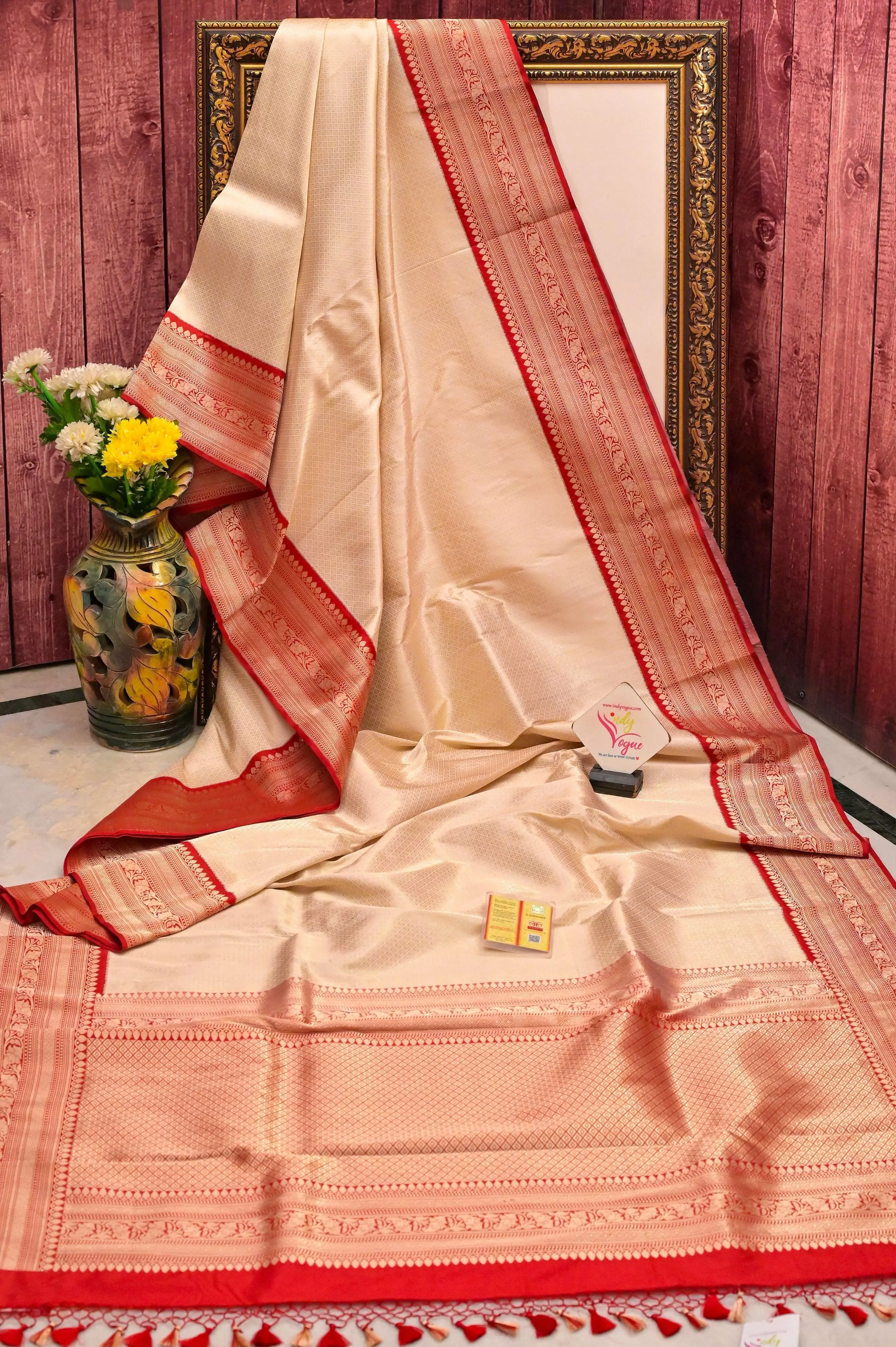 Cream and Red Color Brocade Katan Banarasi Saree with Self-Weaving