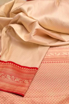 Cream and Red Color Brocade Katan Banarasi Saree with Self-Weaving