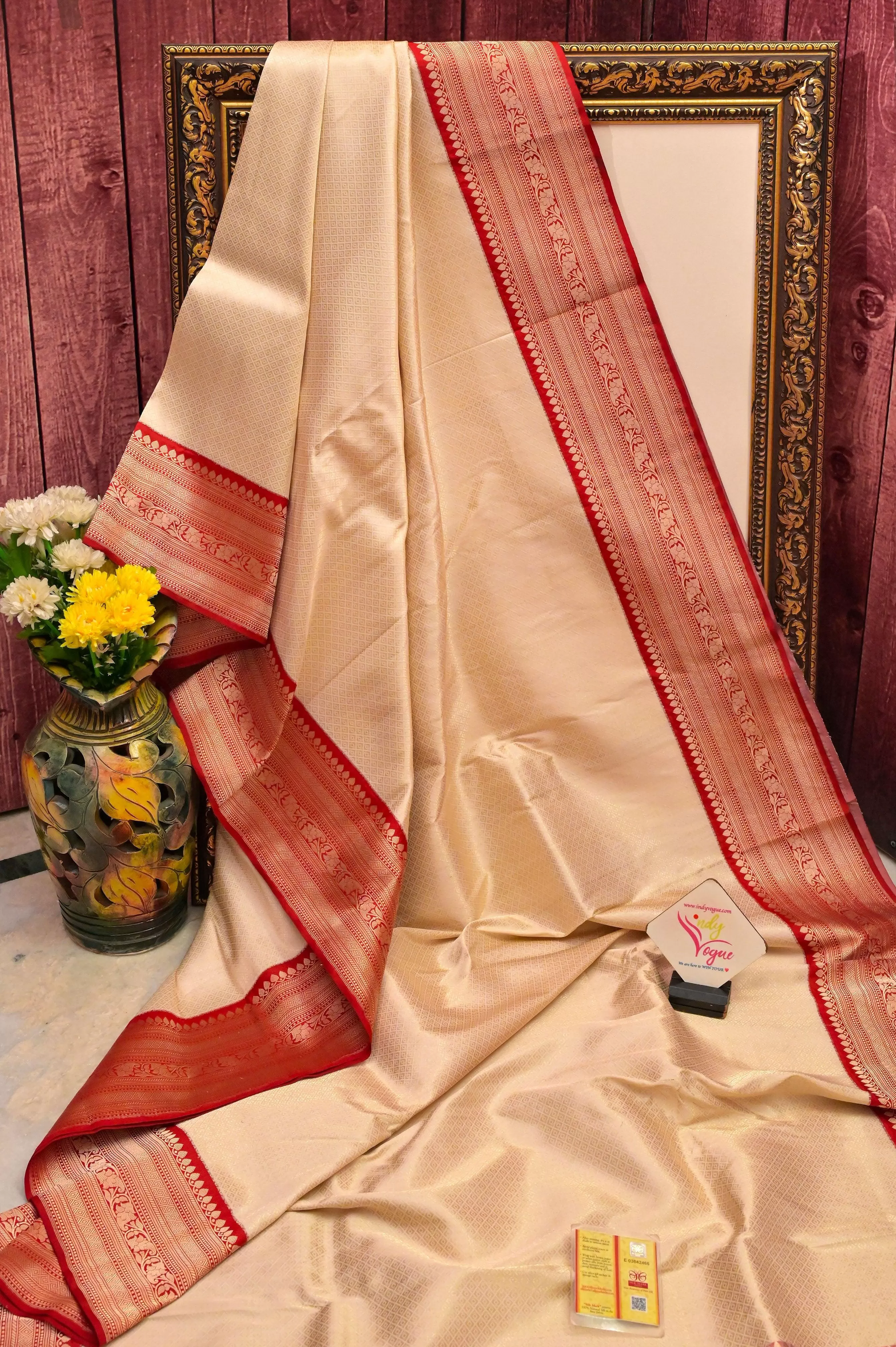 Cream and Red Color Brocade Katan Banarasi Saree with Self-Weaving