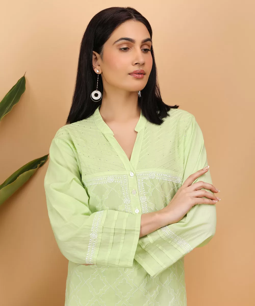 Green cotton hand embroidery cotton chikankari kurti