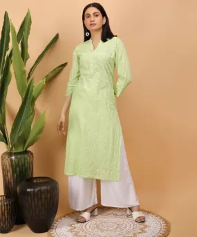 Green hand embroidery chikankari cotton kurti