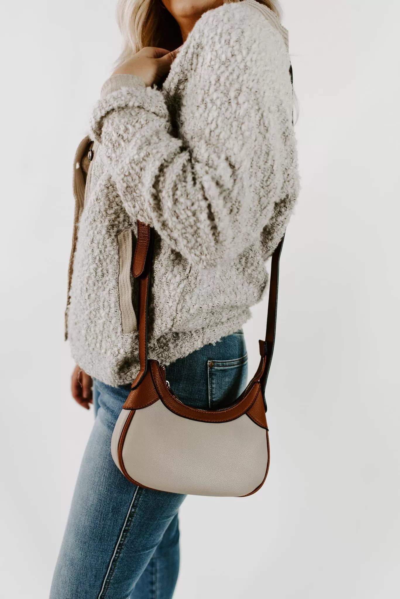 Half-Moon Vegan Leather Crossbody Bag in Taupe