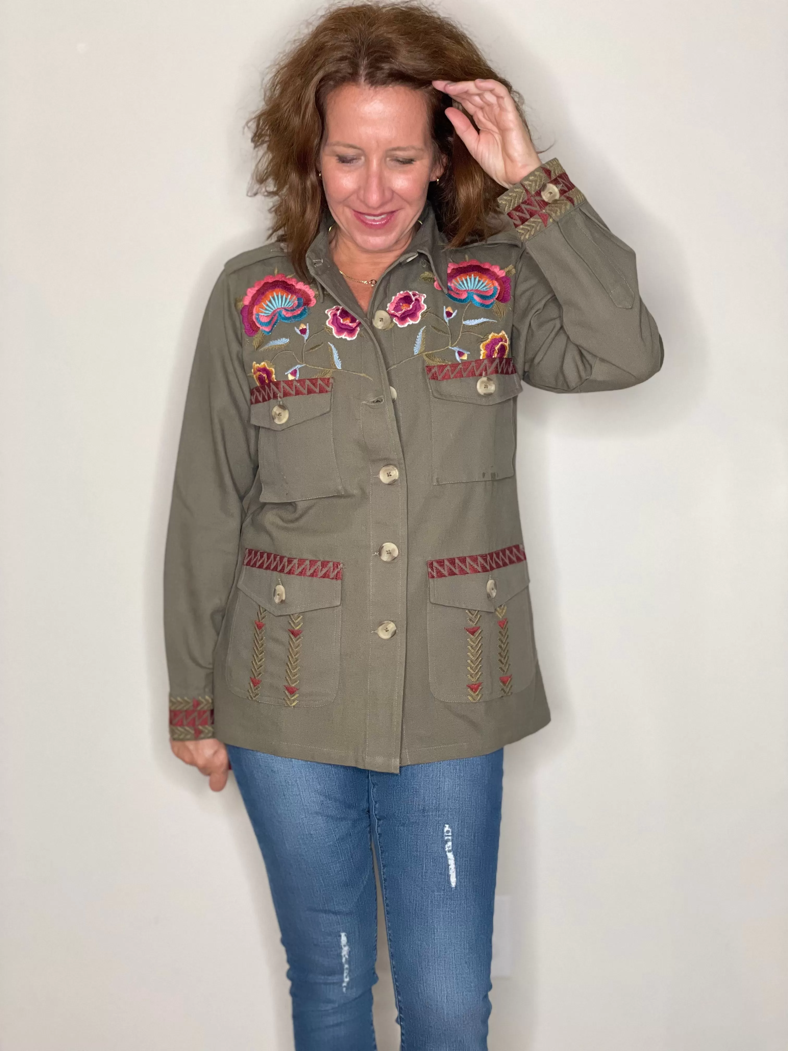 Khaki Embroidered Shirt Jacket