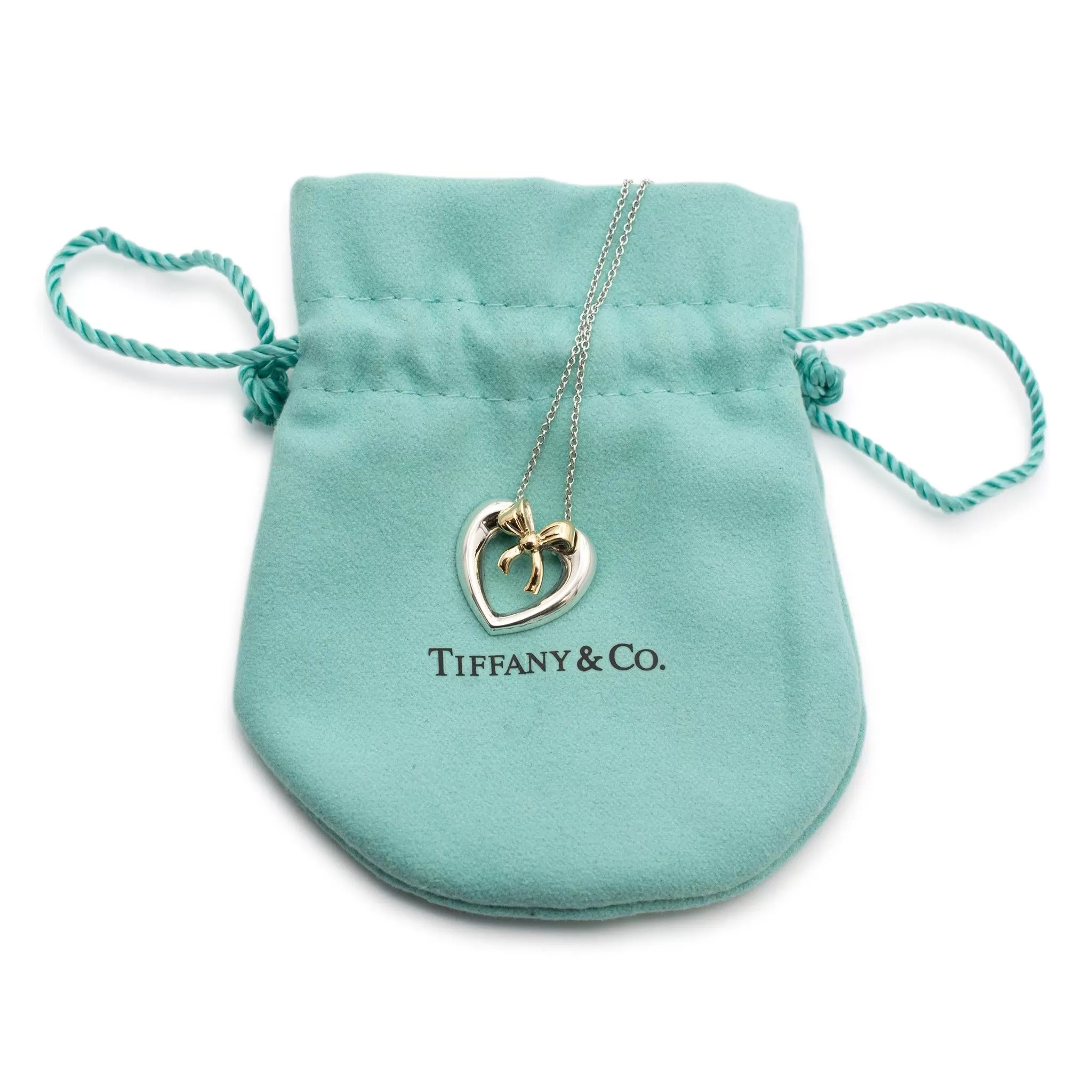 Ladies Tiffany & Co. 925 Sterling Silver & 14K Yellow Gold Bow Ribbon Heart Pendant Necklace