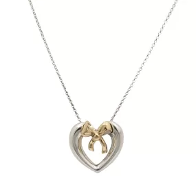 Ladies Tiffany & Co. 925 Sterling Silver & 14K Yellow Gold Bow Ribbon Heart Pendant Necklace