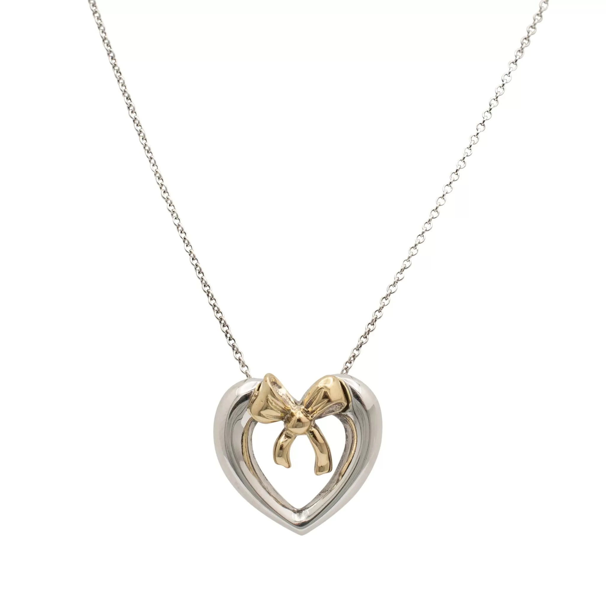 Ladies Tiffany & Co. 925 Sterling Silver & 14K Yellow Gold Bow Ribbon Heart Pendant Necklace