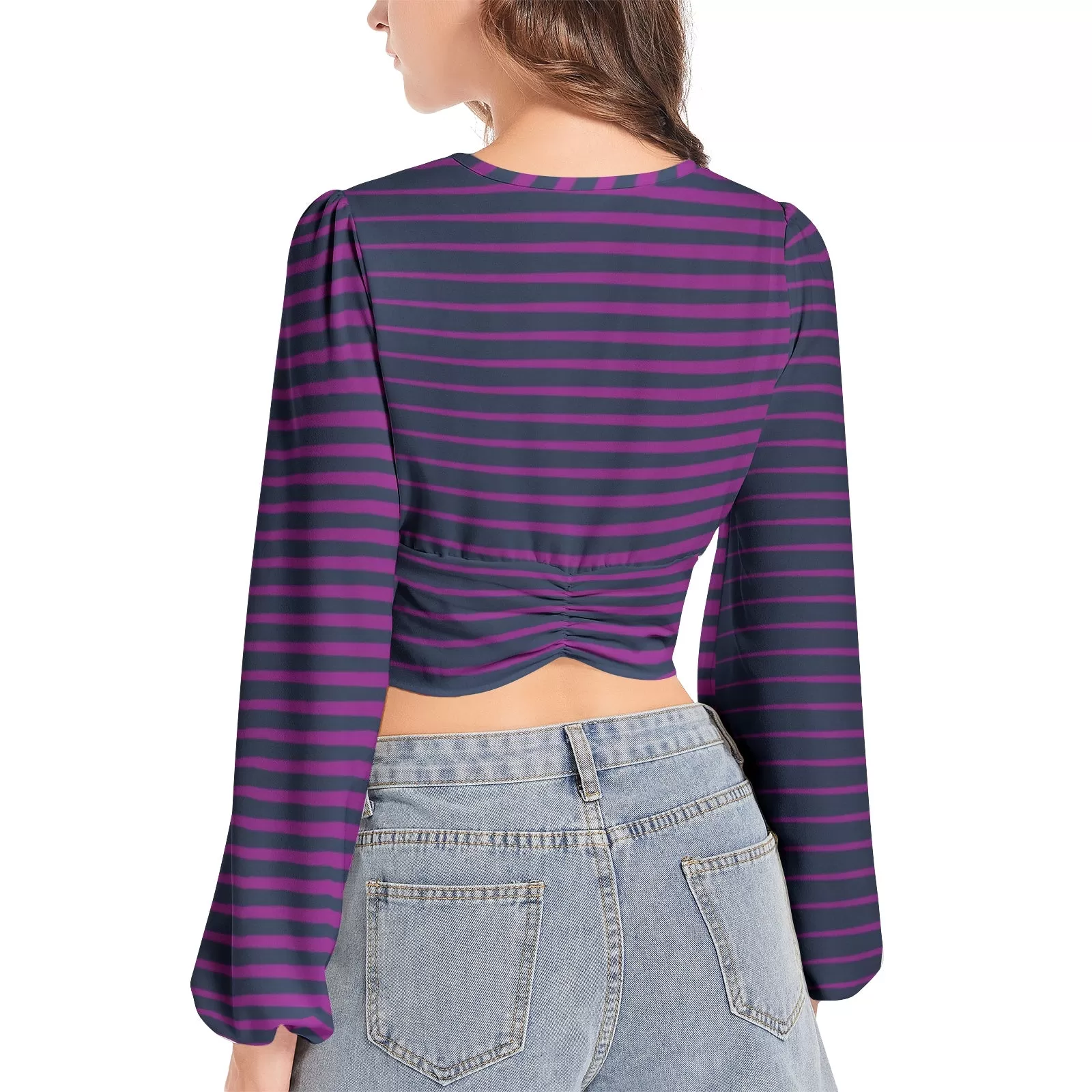 Lavender Wedges Women's Deep V-Neck Lantern Sleeve Crop Top